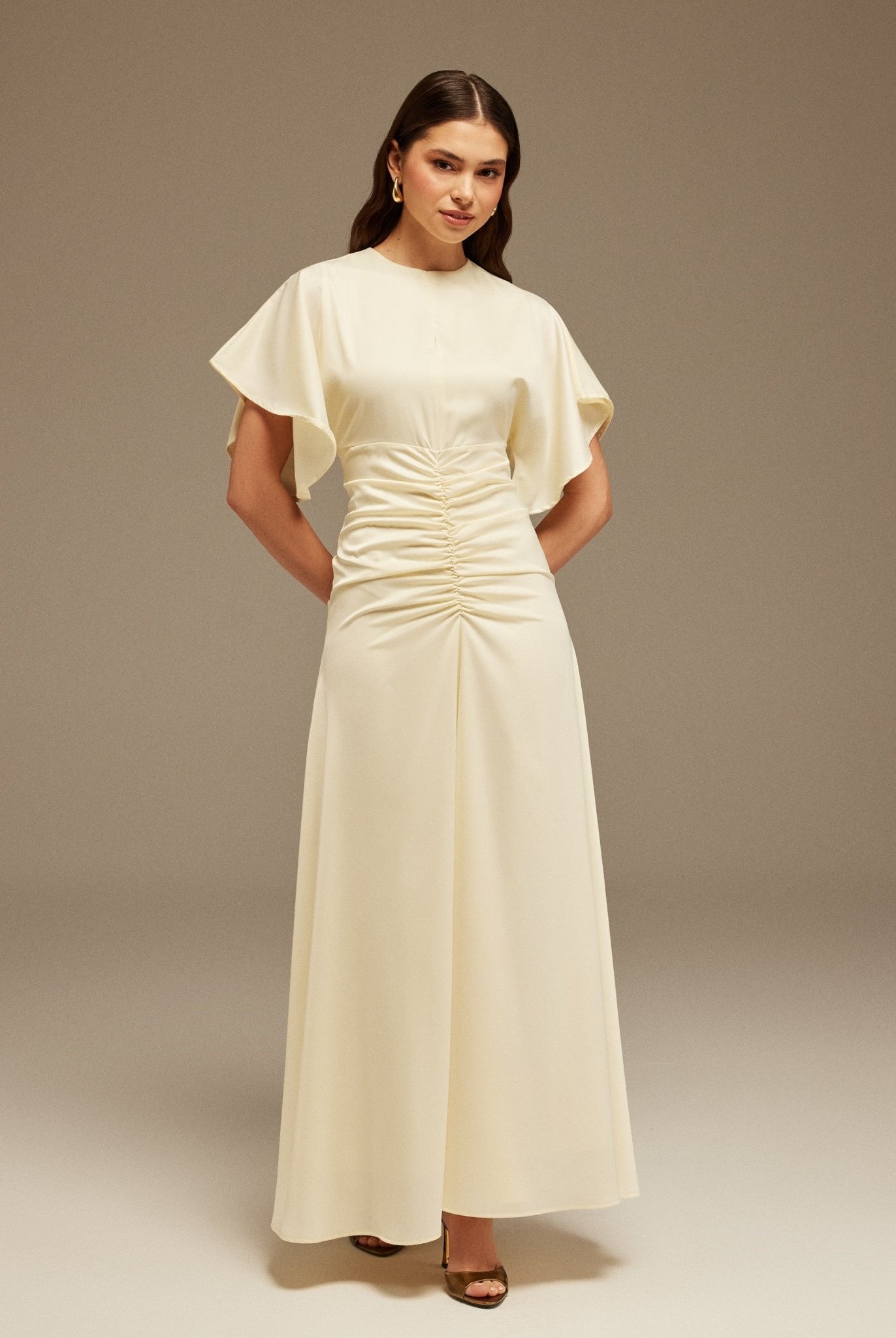 Satin Maxi Dress with Ruched Details - shopaleena
