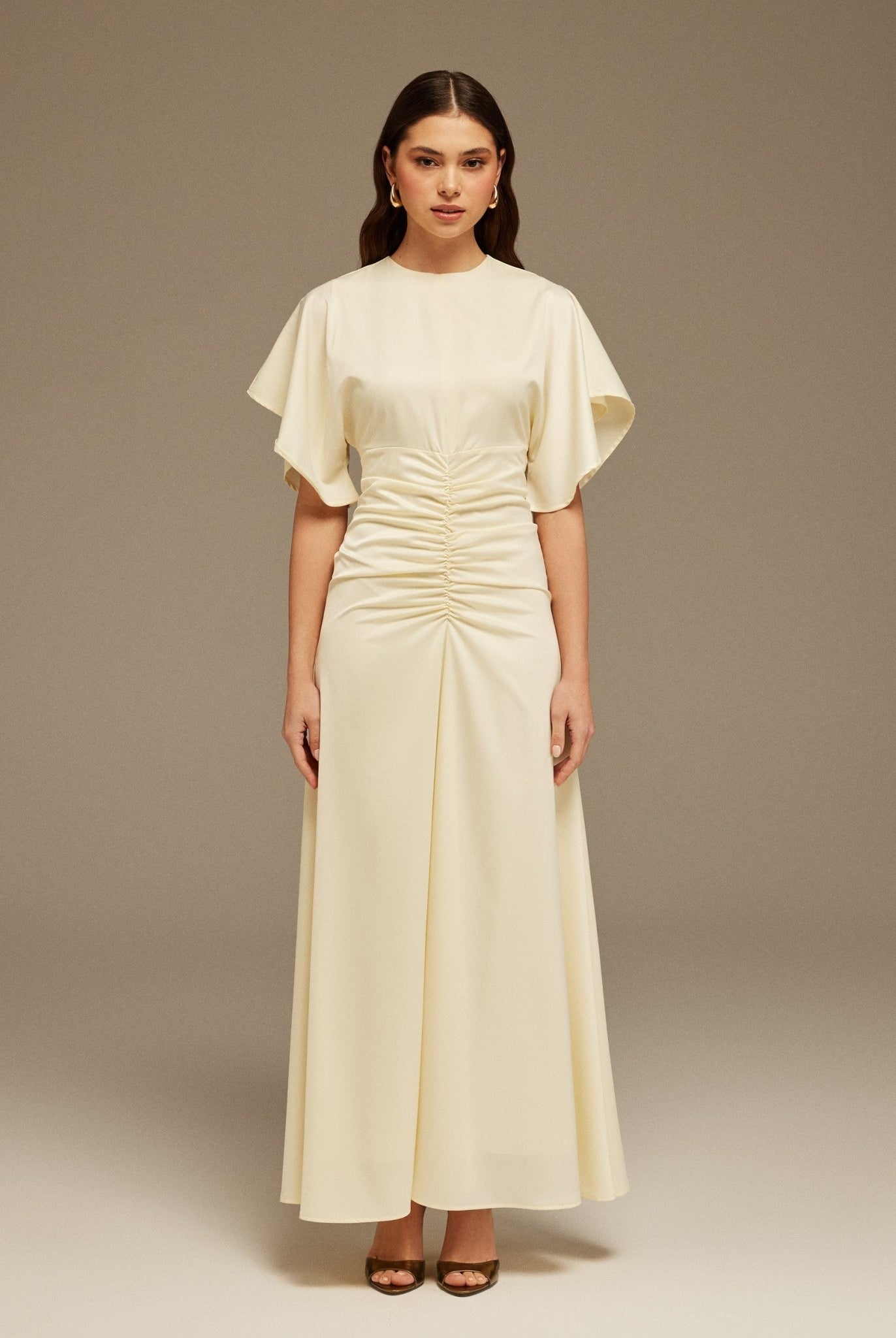 Satin Maxi Dress with Ruched Details - shopaleena