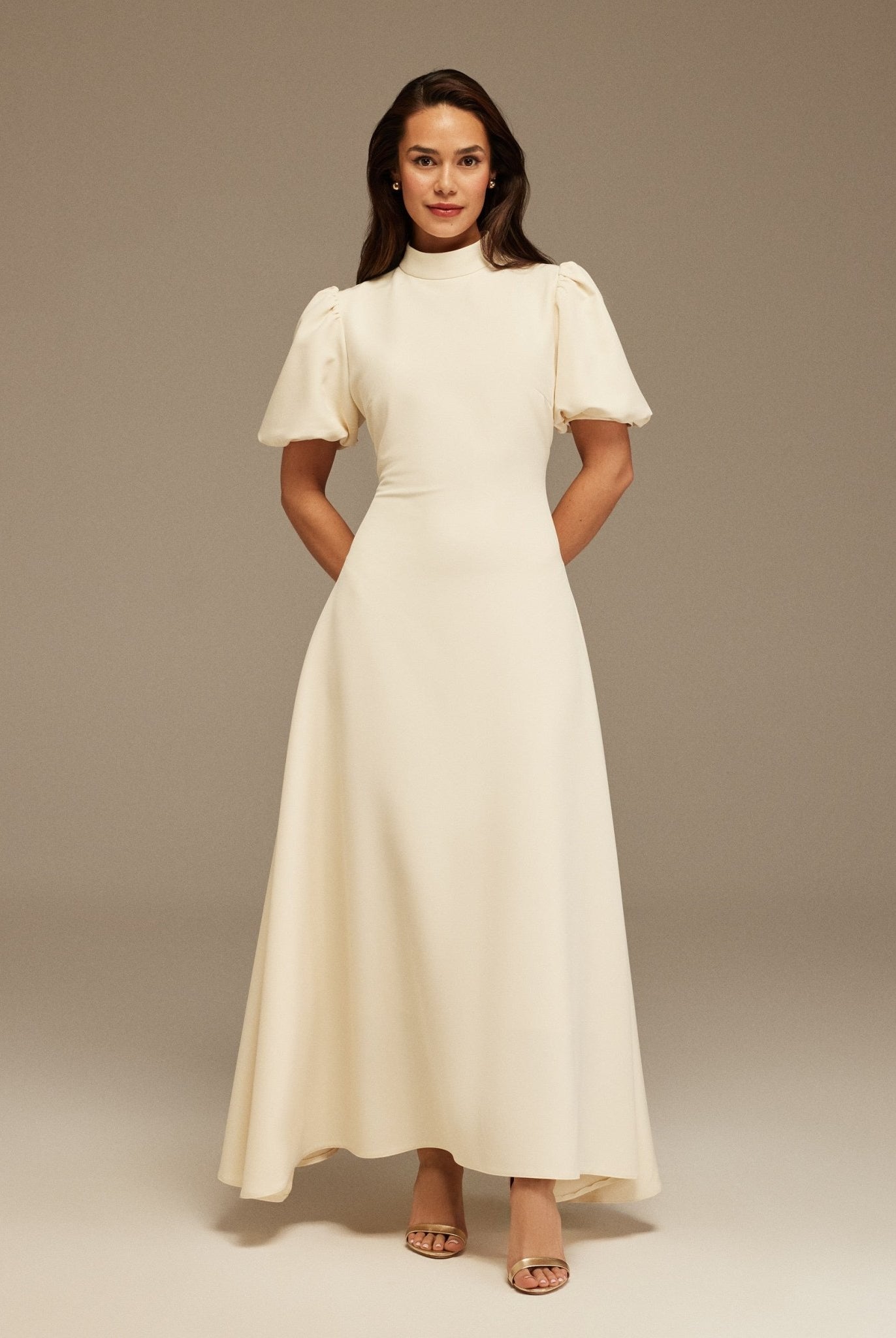 Short Puffy Sleeve Midi Crepe Dress - shopaleena