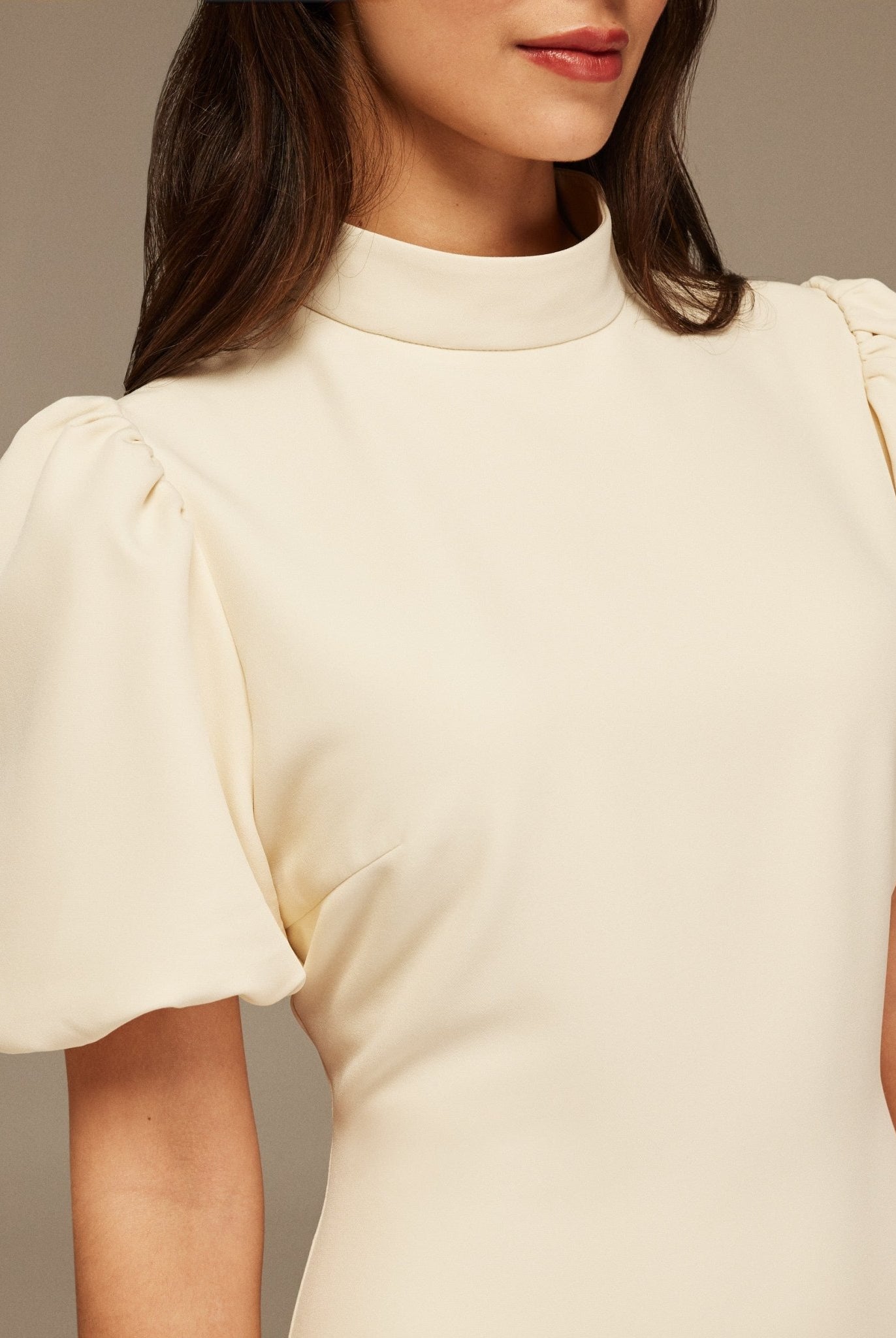 Short Puffy Sleeve Midi Crepe Dress - shopaleena