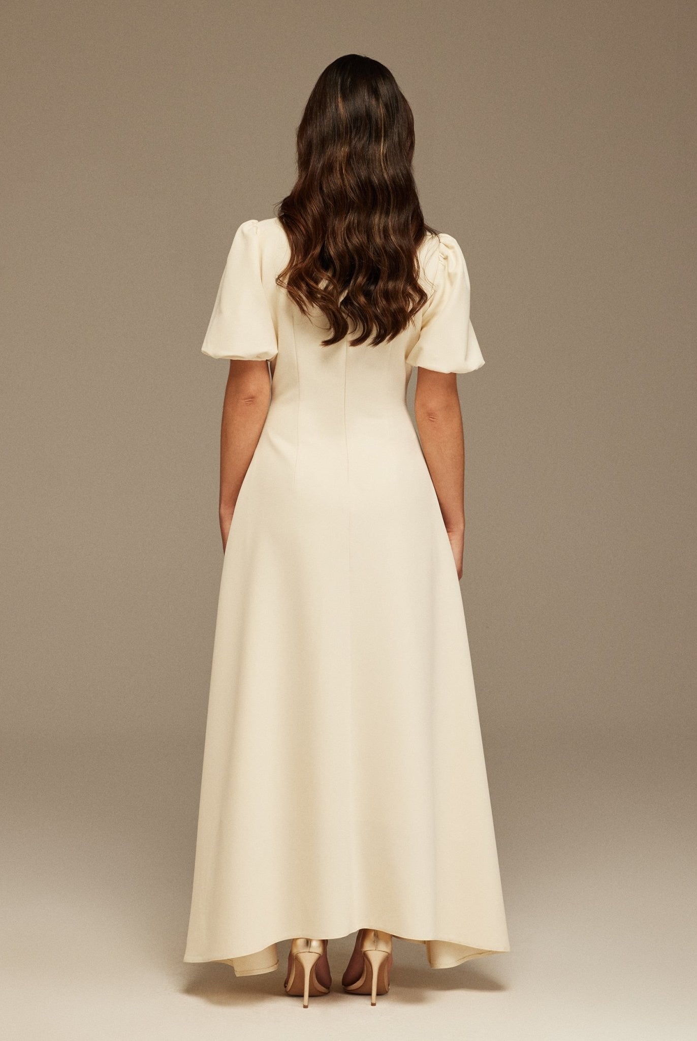 Short Puffy Sleeve Midi Crepe Dress - shopaleena