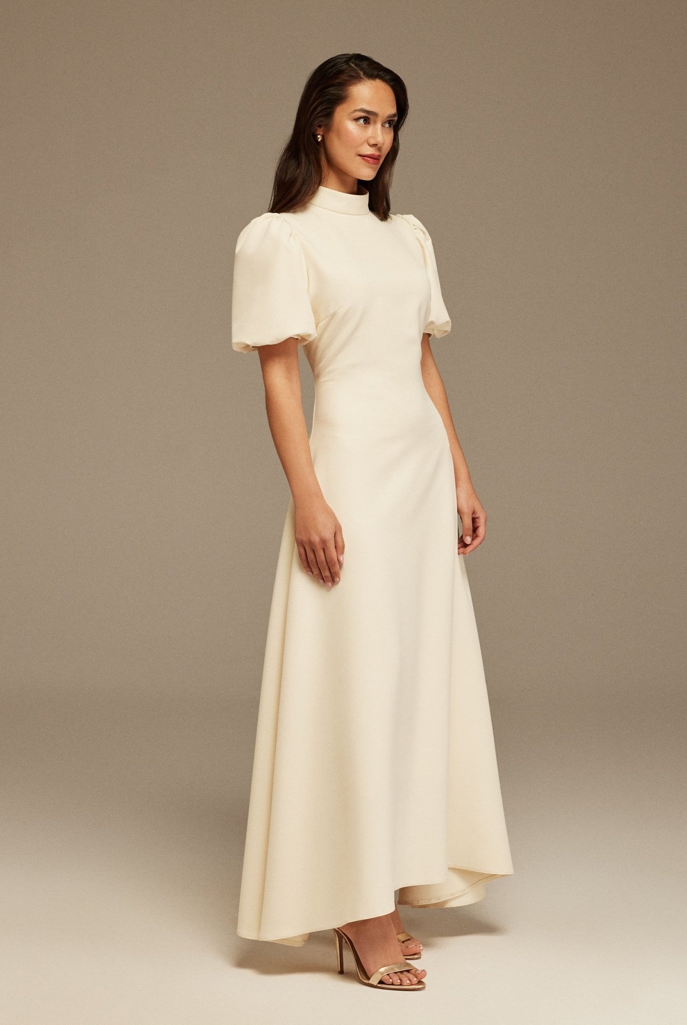 Short Puffy Sleeve Midi Crepe Dress - shopaleena