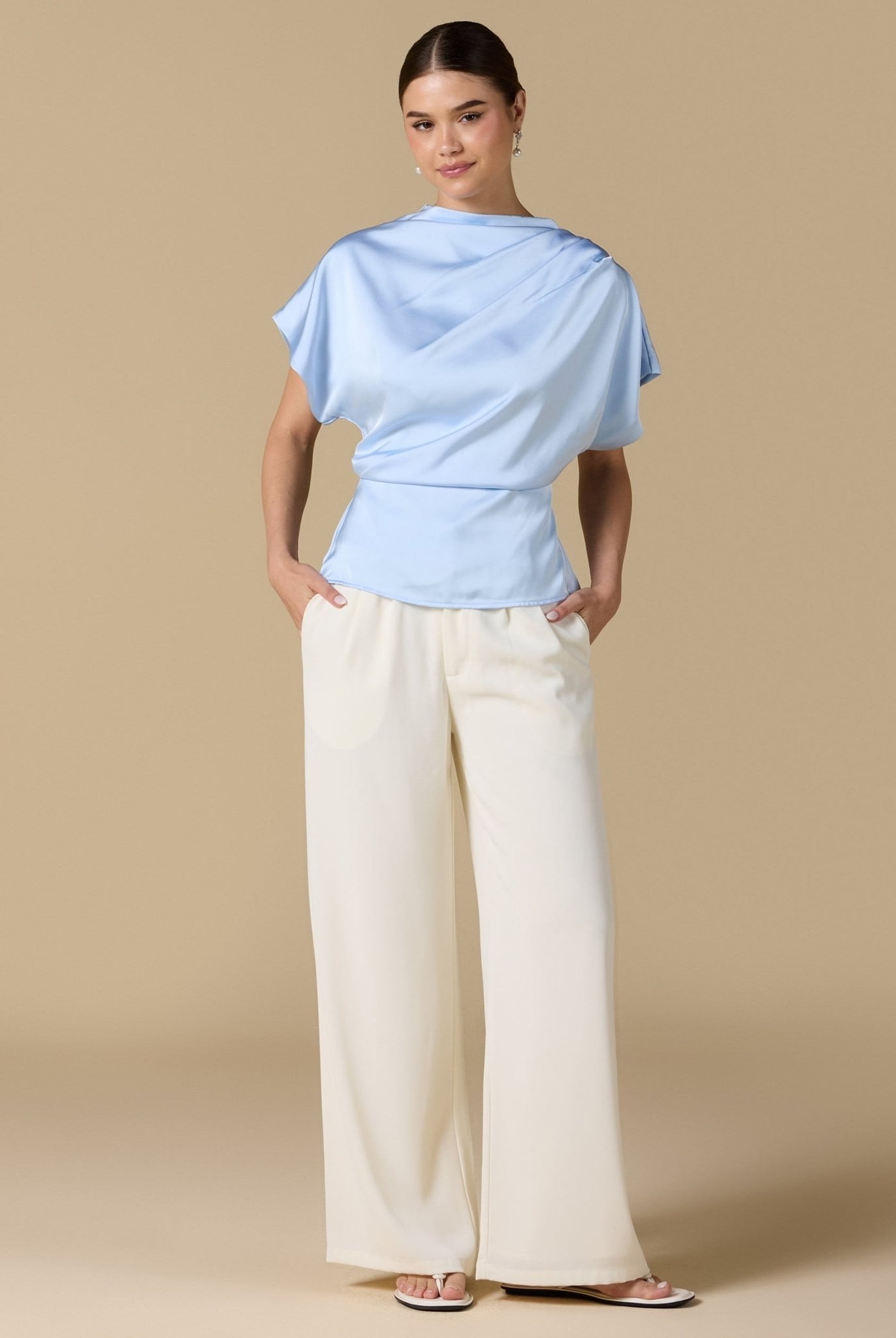 Short Sleeve Dropped Satin Top - shopaleena