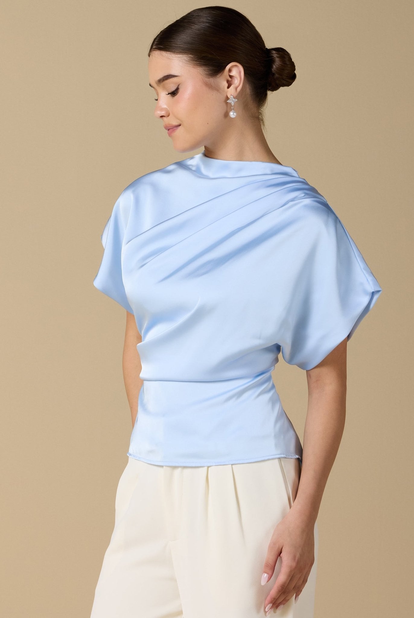 Short Sleeve Dropped Satin Top - shopaleena