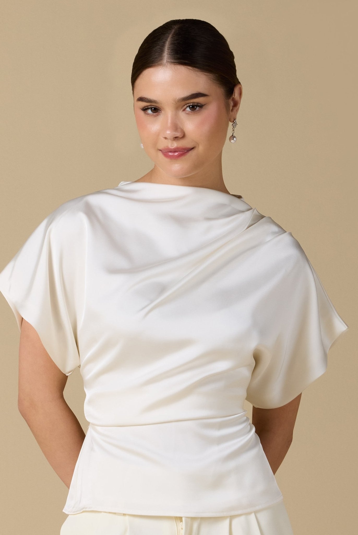 Short Sleeve Dropped Satin Top - shopaleena