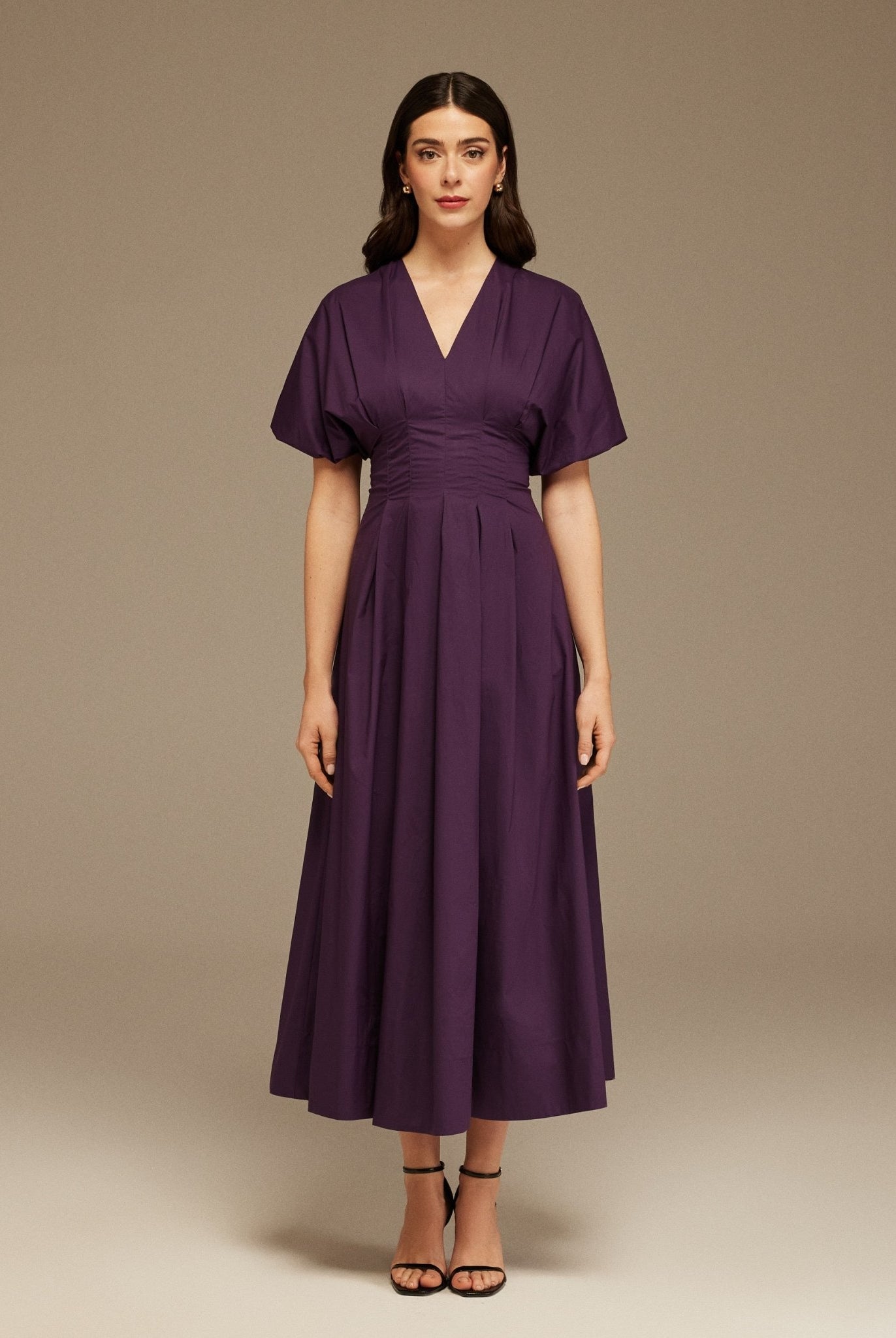 Short Sleeve Purple Pleated Maxi Dress - shopaleena