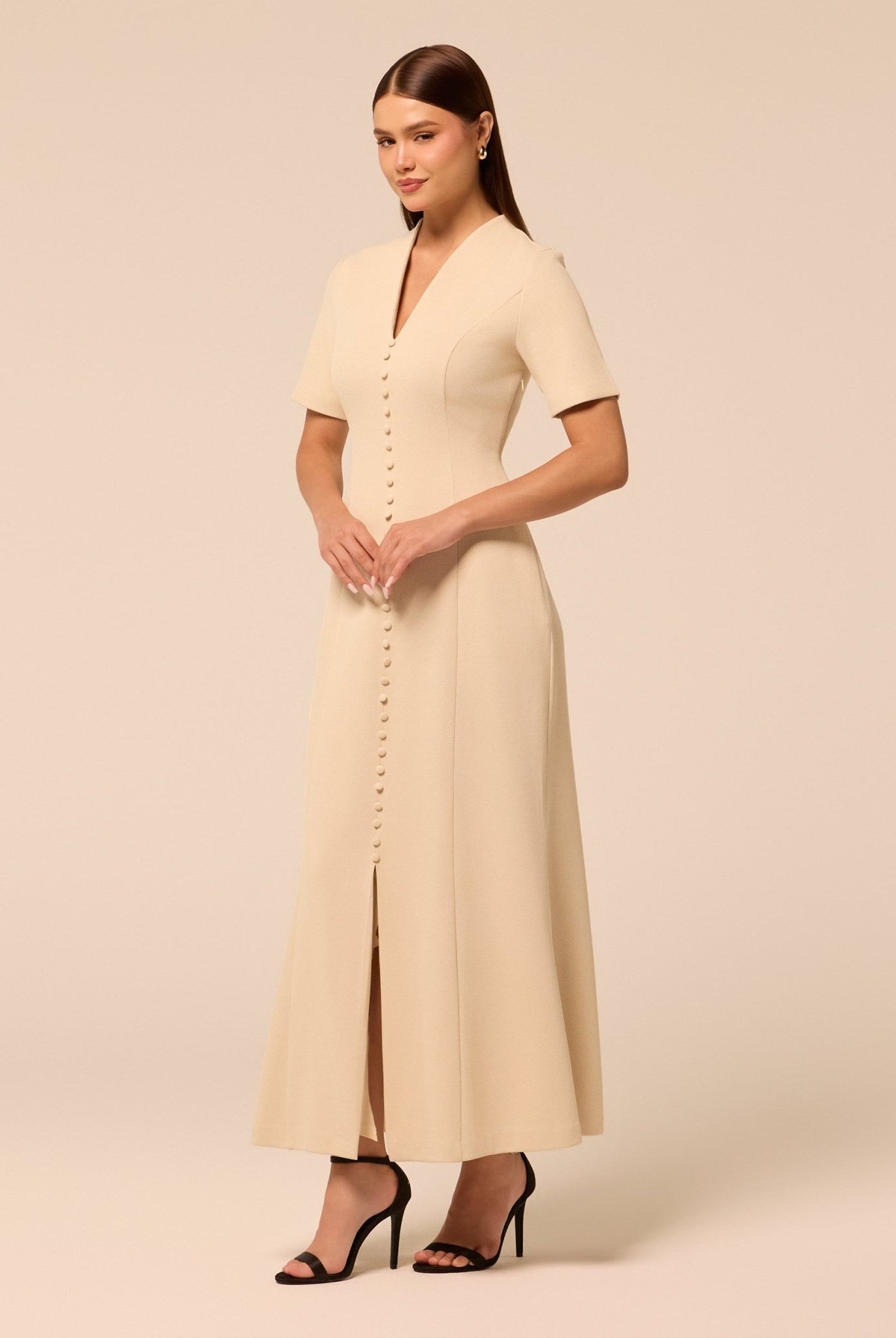 Short Sleeve V Neck Knit Maxi Dress - shopaleena