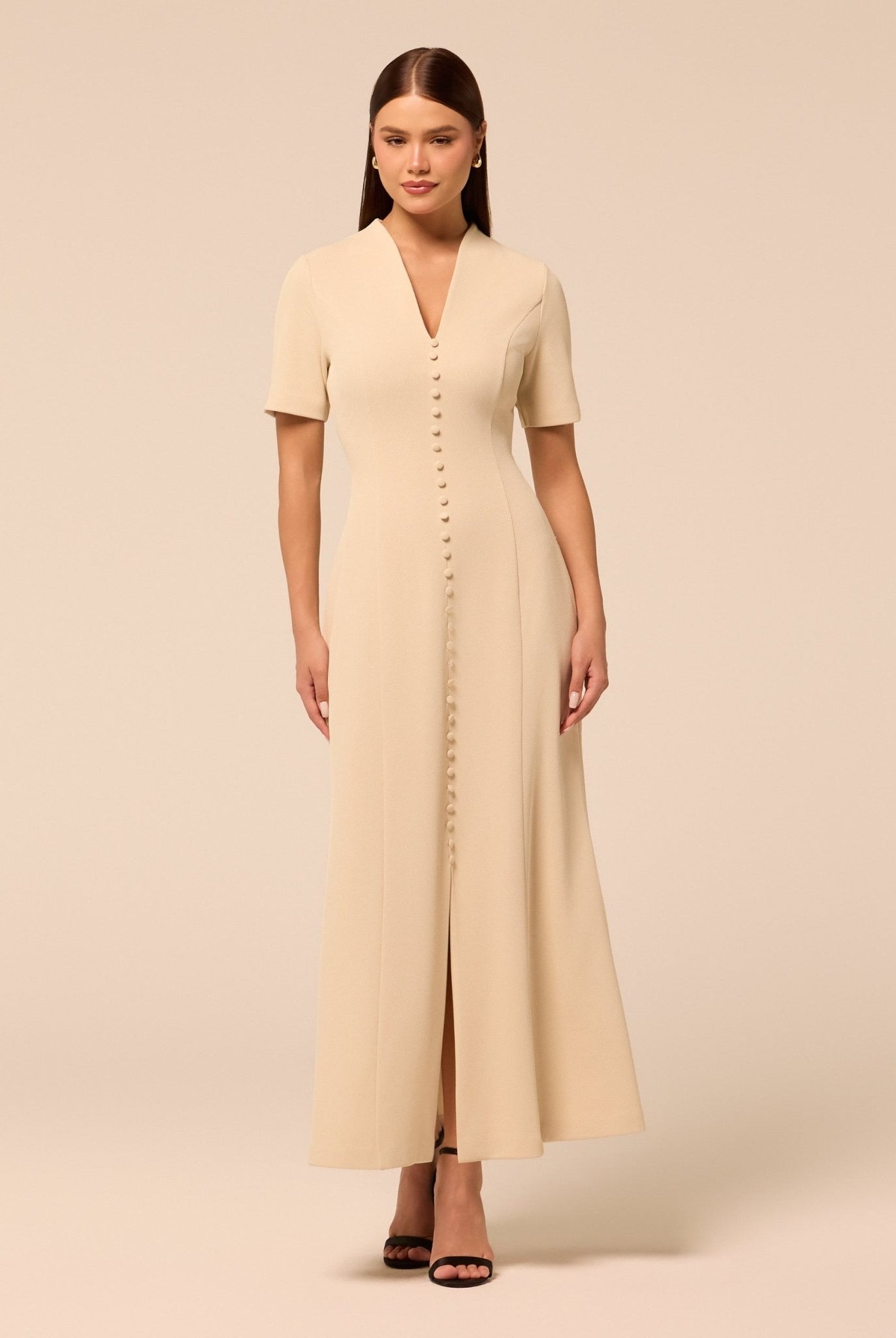 Short Sleeve V Neck Knit Maxi Dress - shopaleena