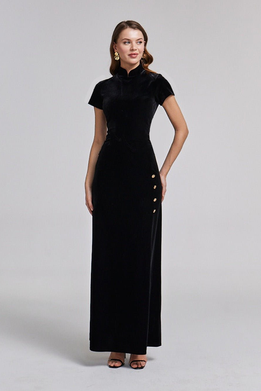 Short Sleeve Velvet Maxi Dress - shopaleena