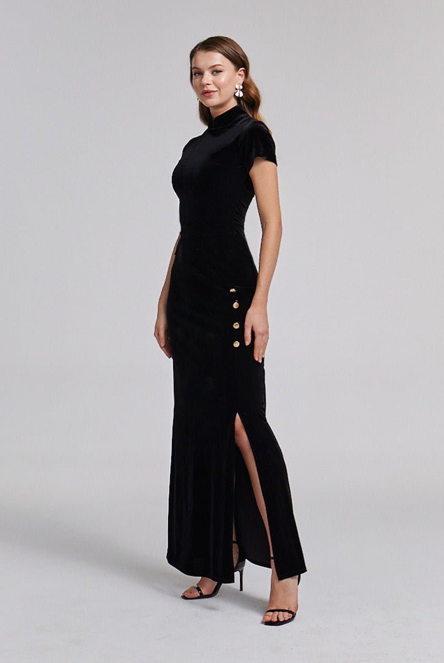 Short Sleeve Velvet Maxi Dress - shopaleena