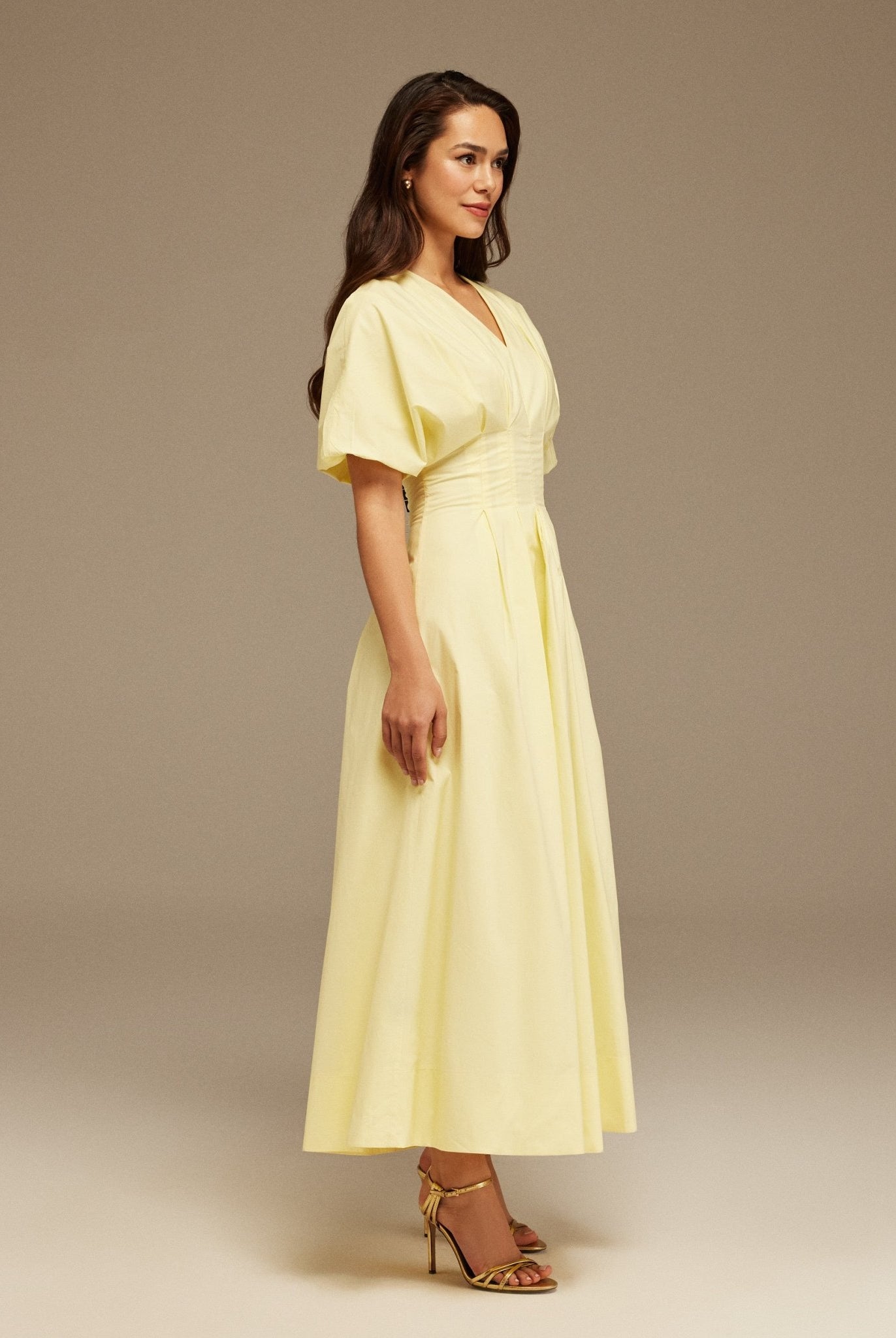 Short Sleeve Yellow Pleated Maxi Dress - shopaleena