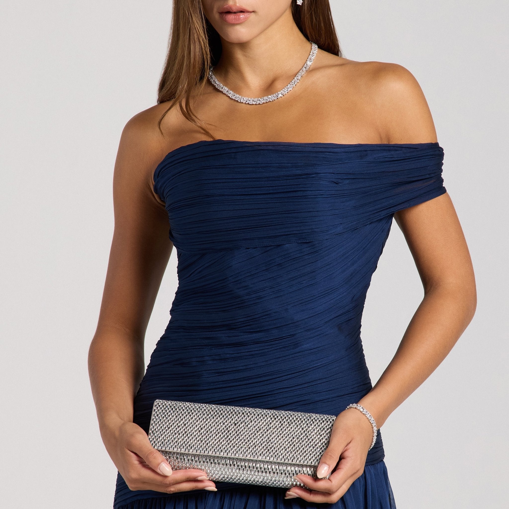Silver Crystal - Embellished Clutch - shopaleena