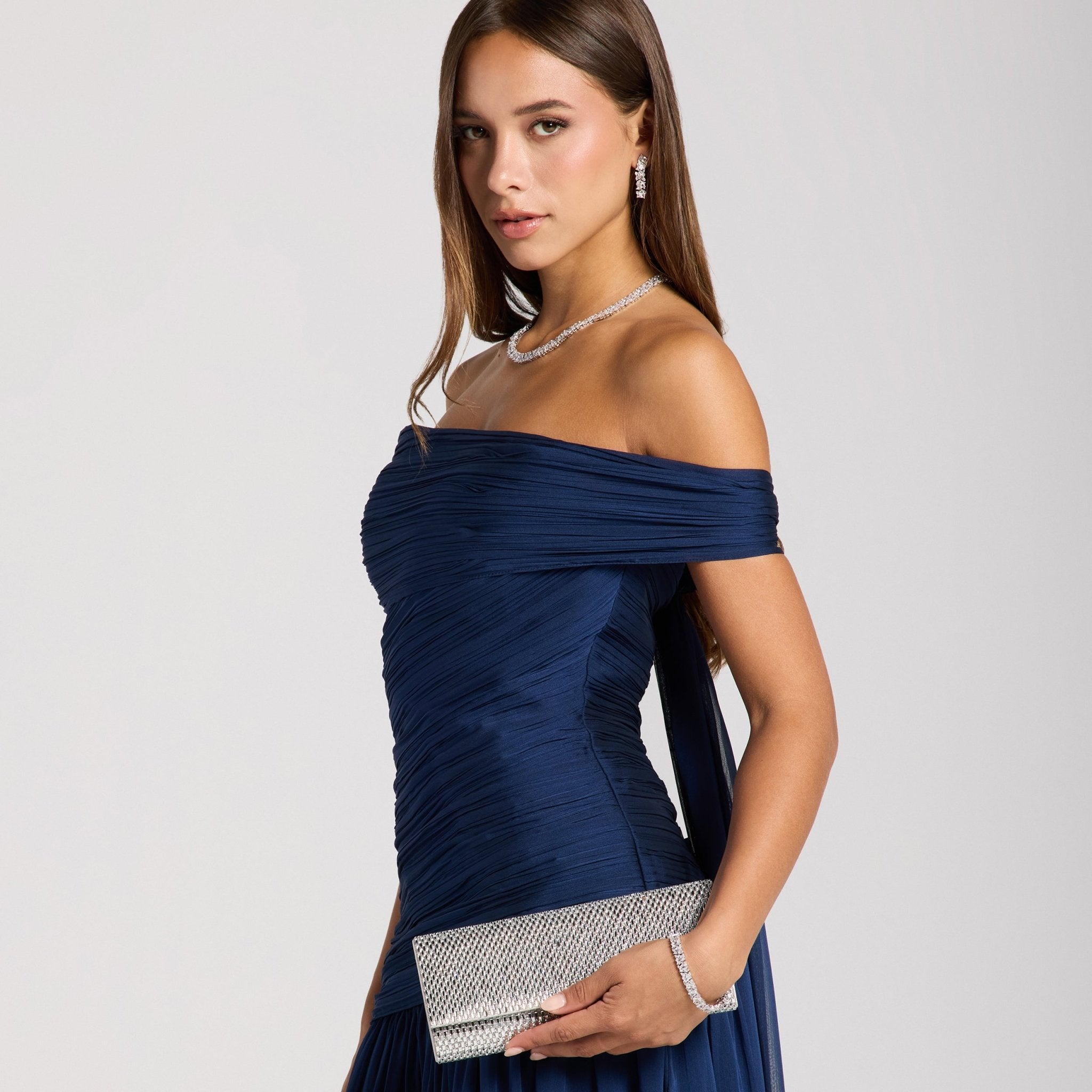 Silver Crystal - Embellished Clutch - shopaleena