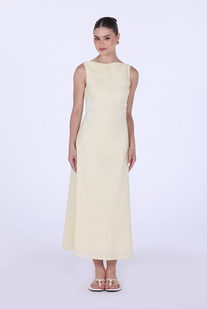 Sleeveless A - line midi dress with waist embroidery - shopaleena