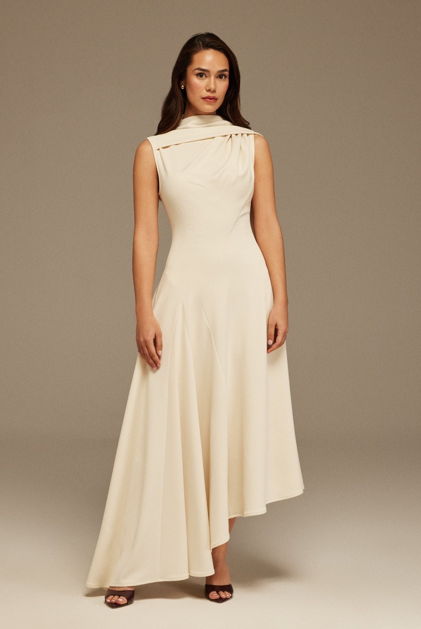 Sleeveless Aline Midi Dress With Shoulder Scarf - shopaleena