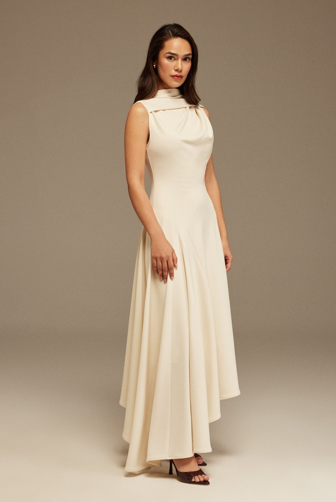 Sleeveless Aline Midi Dress With Shoulder Scarf - shopaleena