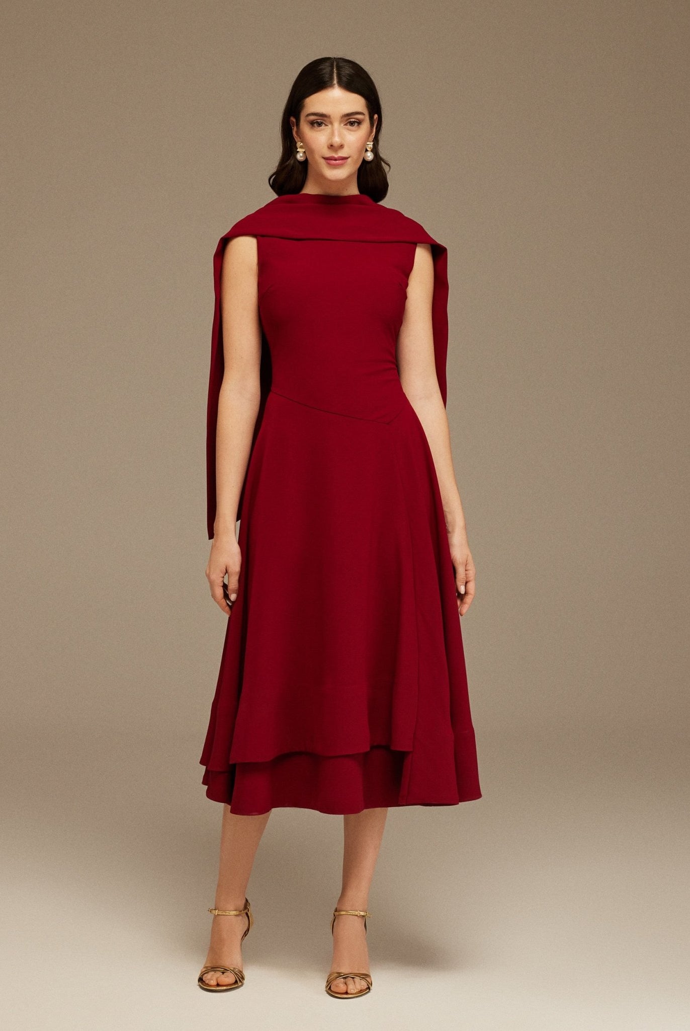 Sleeveless Crepe Dress With Scarf - shopaleena