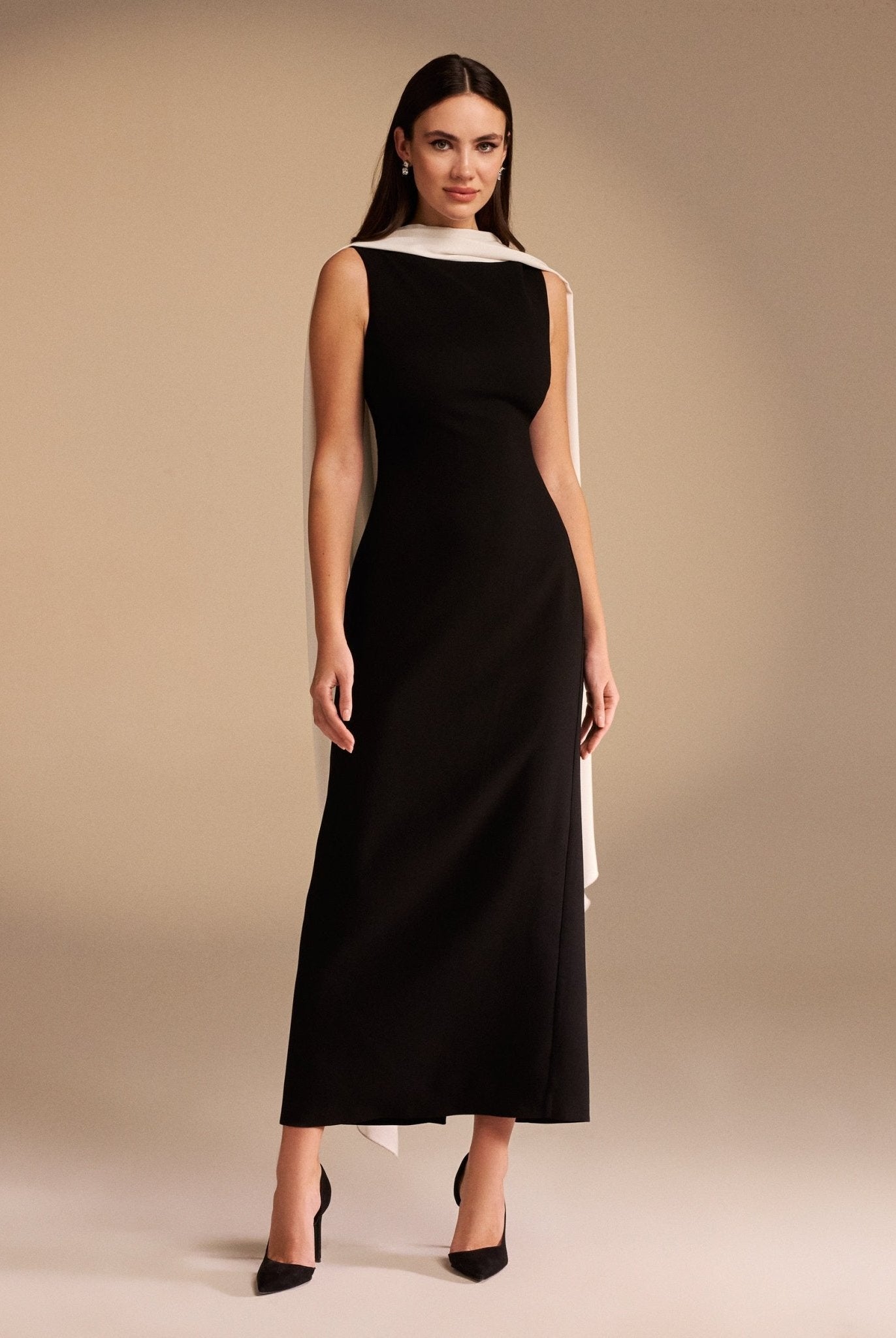 Sleeveless Crepe Maxi Dress With Scarf - shopaleena