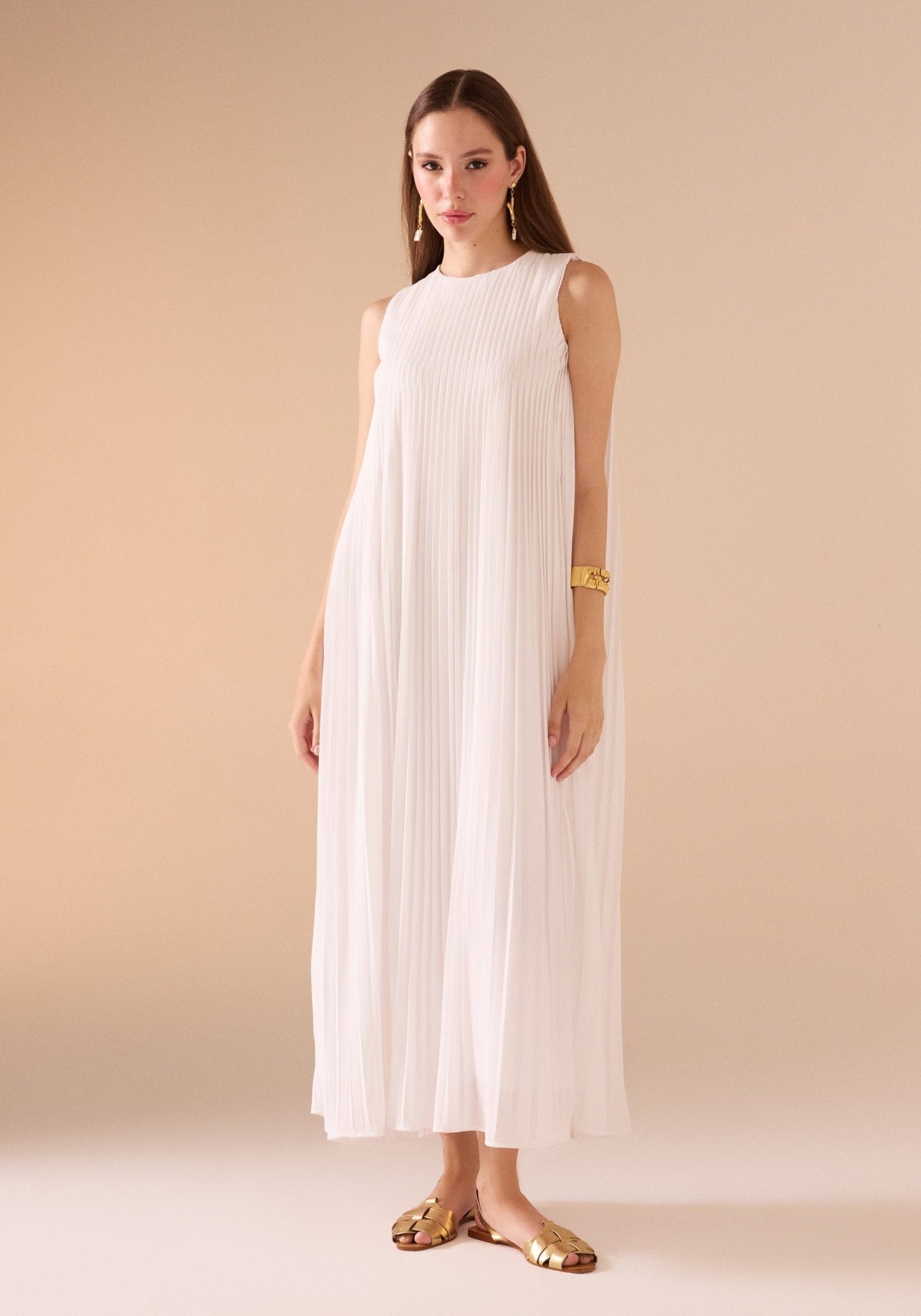 Sleeveless Crepe Pleated Dress - shopaleena