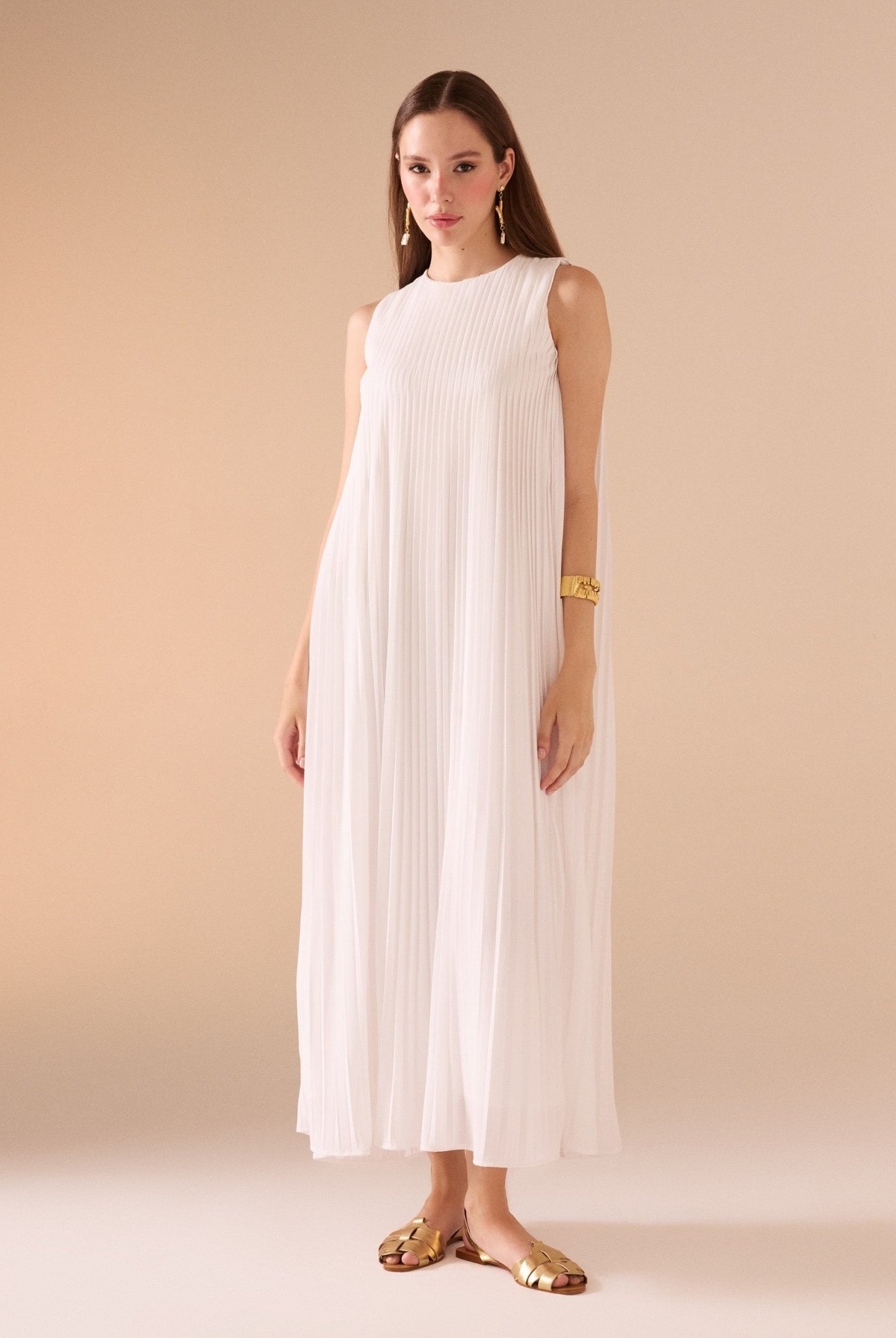 Sleeveless Crepe Pleated Dress - shopaleena