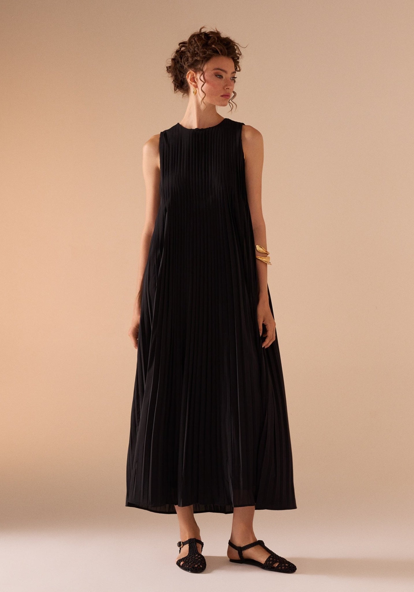Sleeveless Crepe Pleated Dress - shopaleena