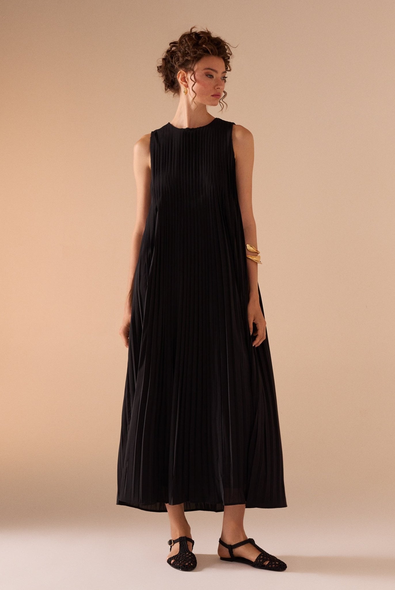 Sleeveless Crepe Pleated Dress - shopaleena