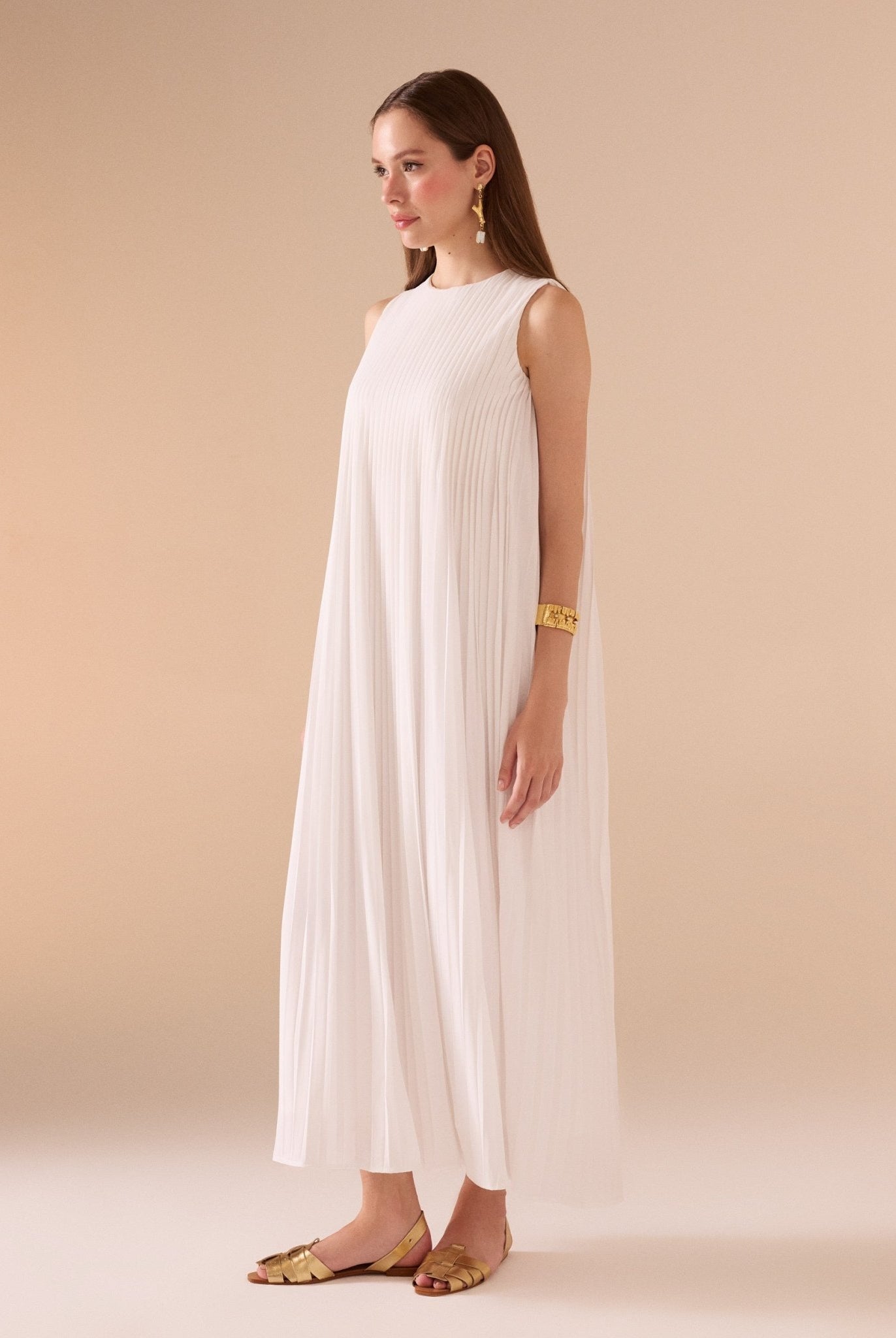 Sleeveless Crepe Pleated Dress - shopaleena