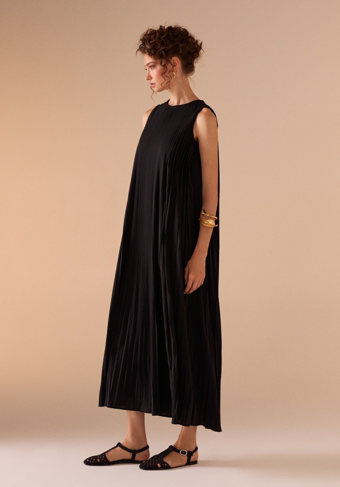 Sleeveless Crepe Pleated Dress - shopaleena
