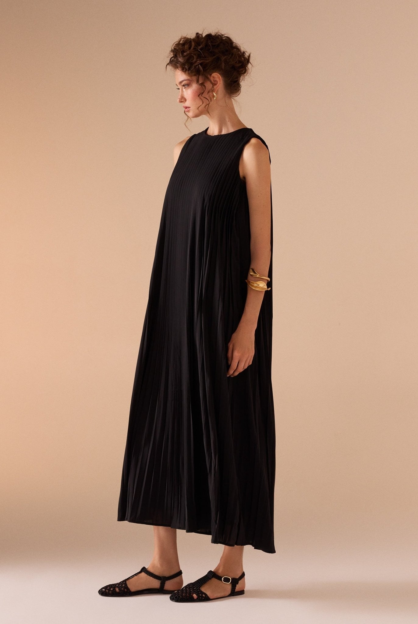 Sleeveless Crepe Pleated Dress - shopaleena