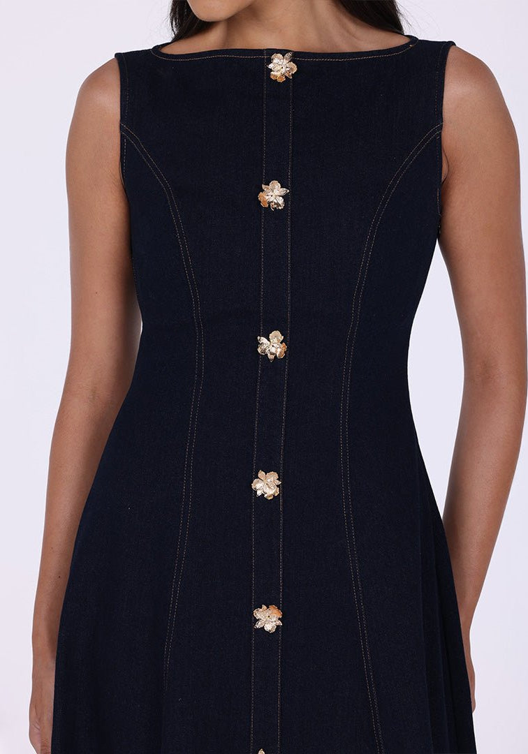 Sleeveless Denim A - Line Midi Dress with Decorative Buttons - shopaleena