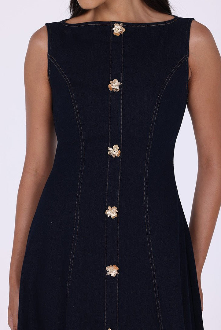 Sleeveless Denim A - Line Midi Dress with Decorative Buttons - shopaleena