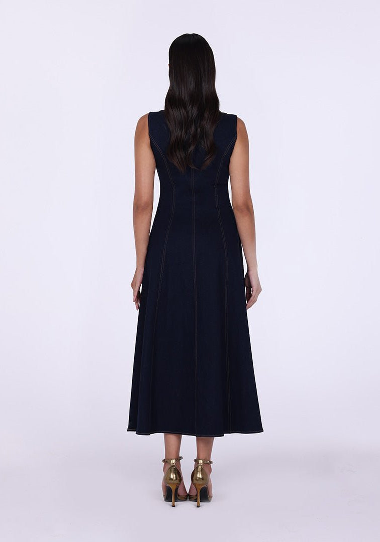 Sleeveless Denim A - Line Midi Dress with Decorative Buttons - shopaleena