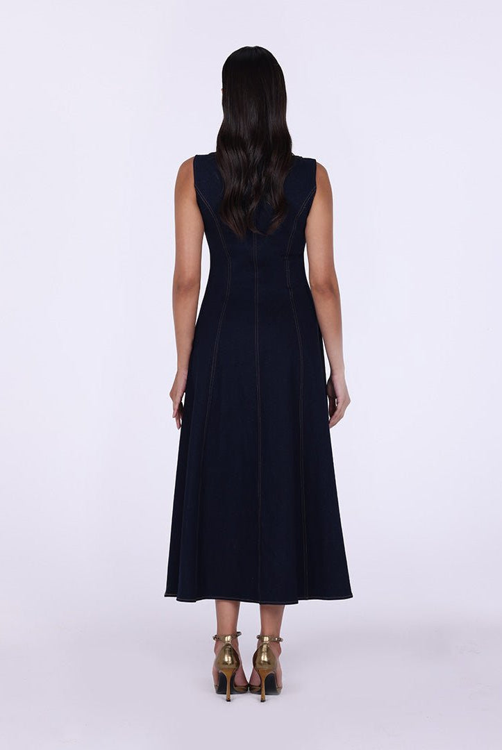Sleeveless Denim A - Line Midi Dress with Decorative Buttons - shopaleena