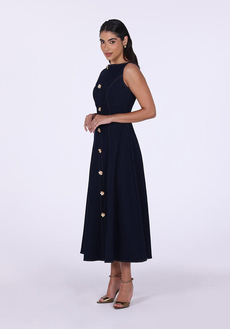 Sleeveless Denim A - Line Midi Dress with Decorative Buttons - shopaleena