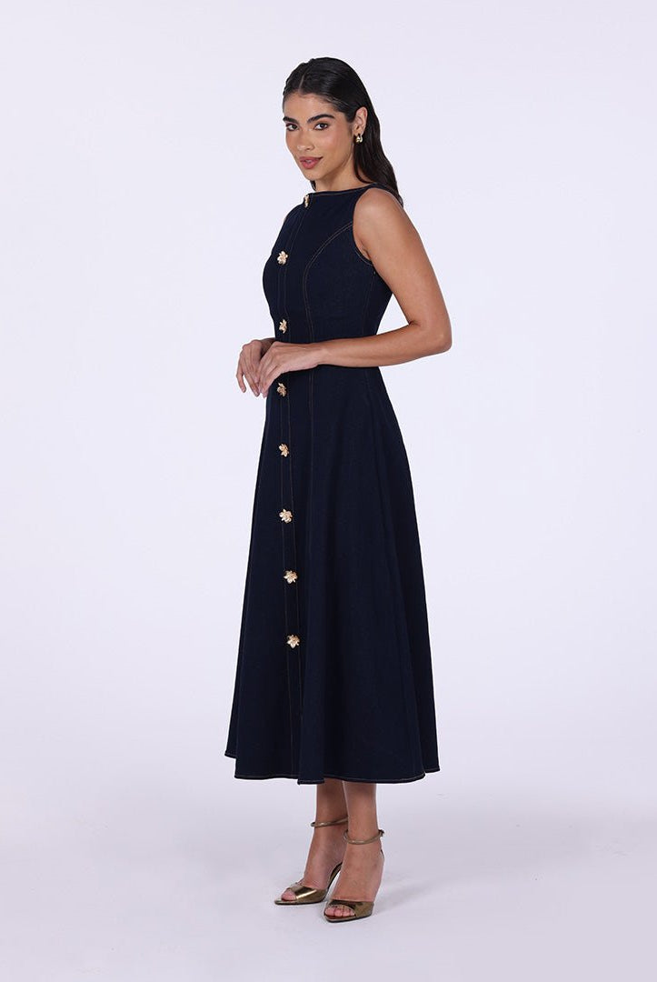 Sleeveless Denim A - Line Midi Dress with Decorative Buttons - shopaleena