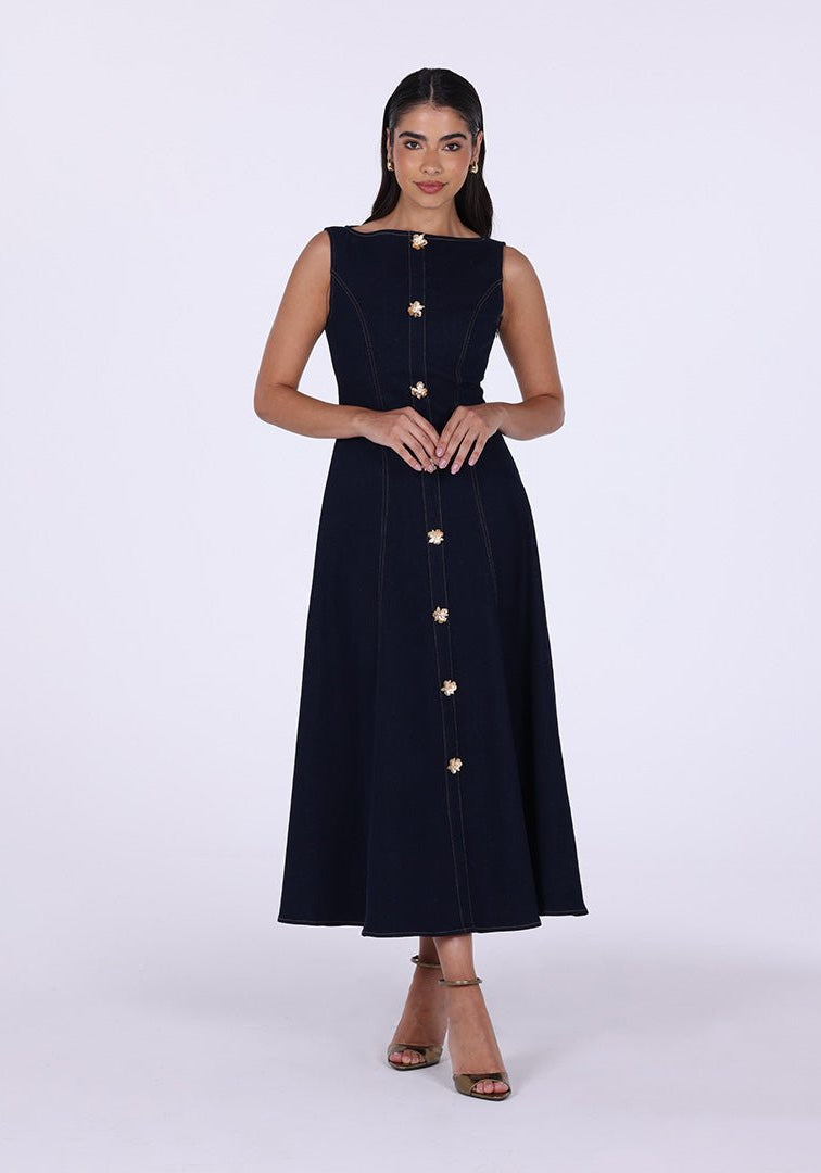 Sleeveless Denim A - Line Midi Dress with Decorative Buttons - shopaleena