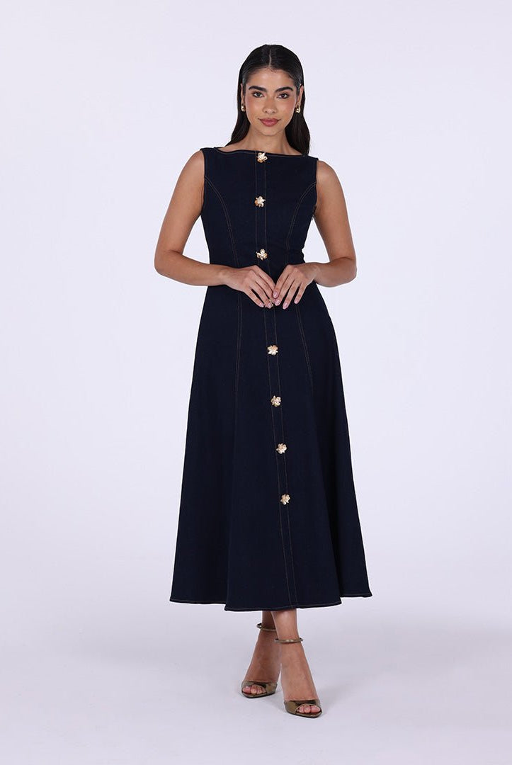 Sleeveless Denim A - Line Midi Dress with Decorative Buttons - shopaleena