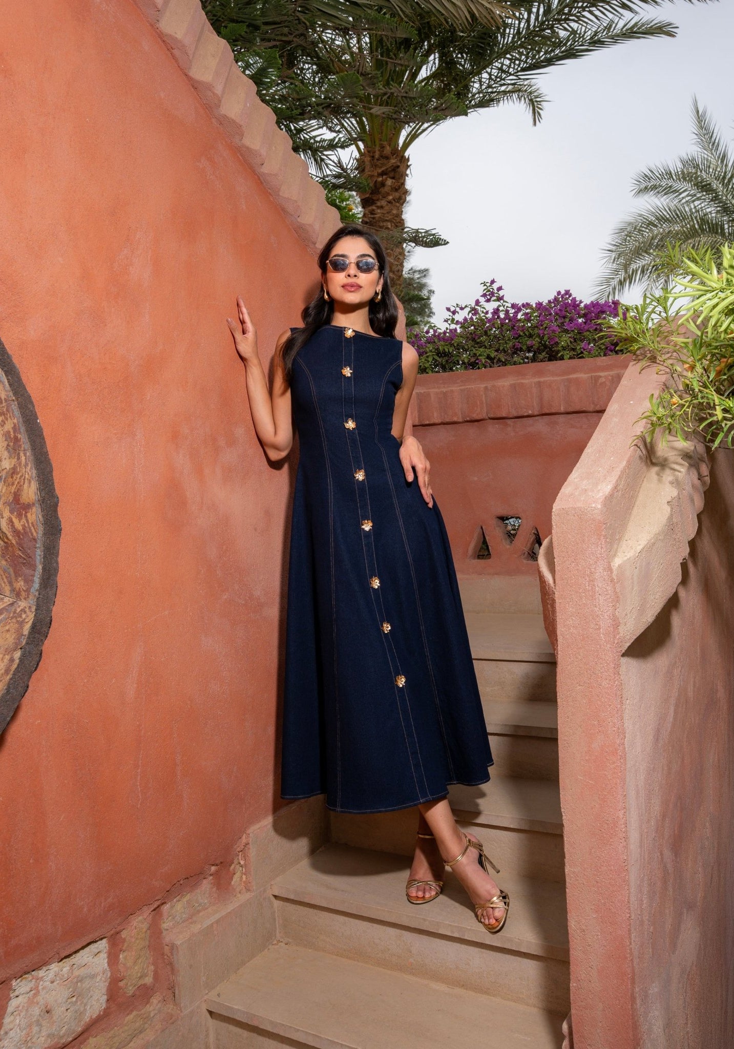Sleeveless Denim A - Line Midi Dress with Decorative Buttons - shopaleena