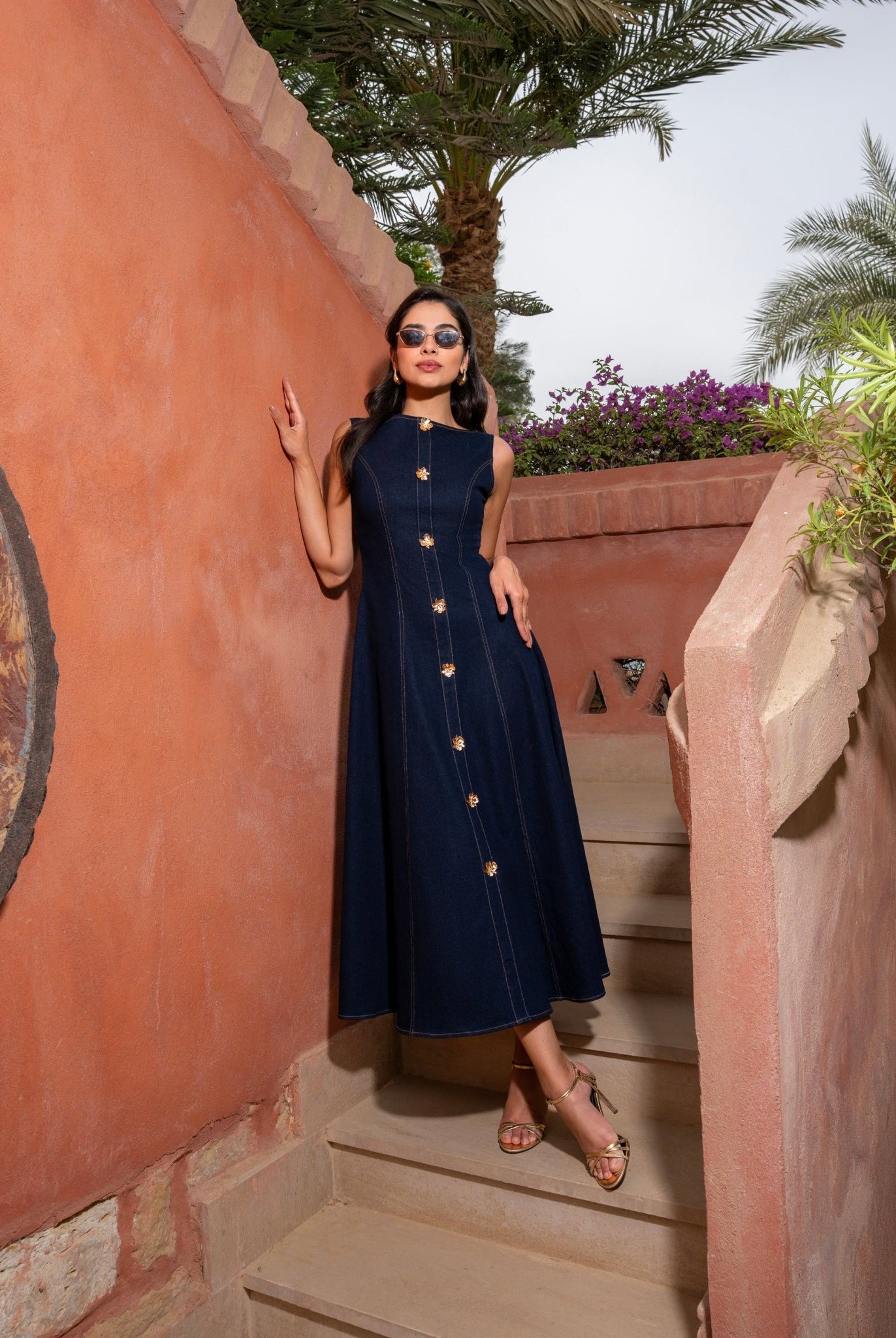 Sleeveless Denim A - Line Midi Dress with Decorative Buttons - shopaleena