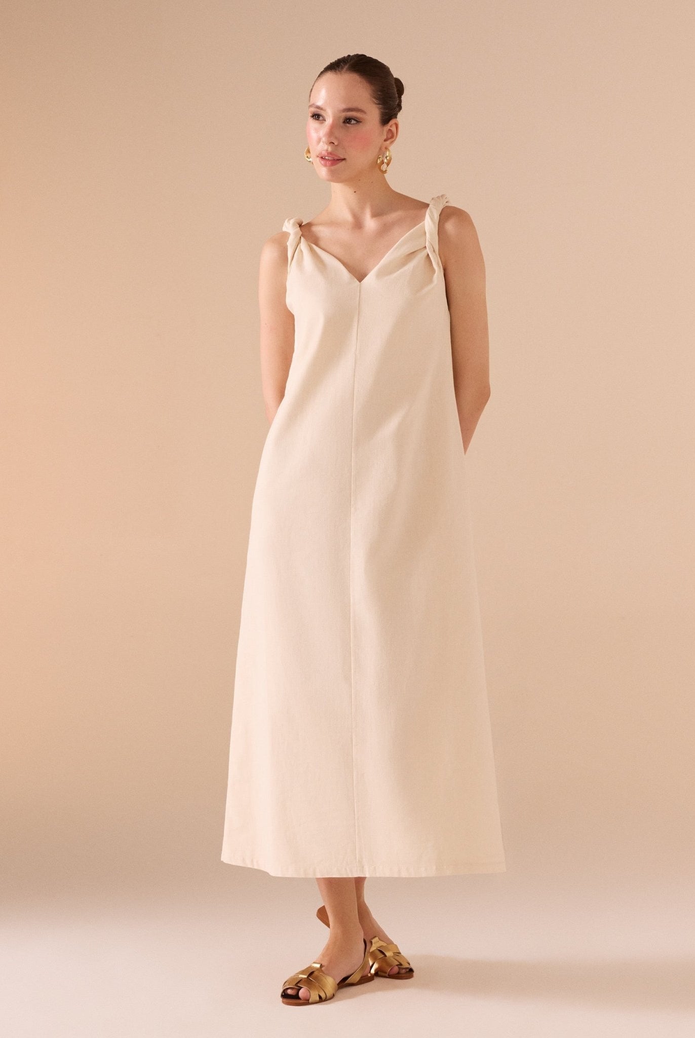 Sleeveless Loose Midi Dress in Linen Cotton Blend - shopaleena