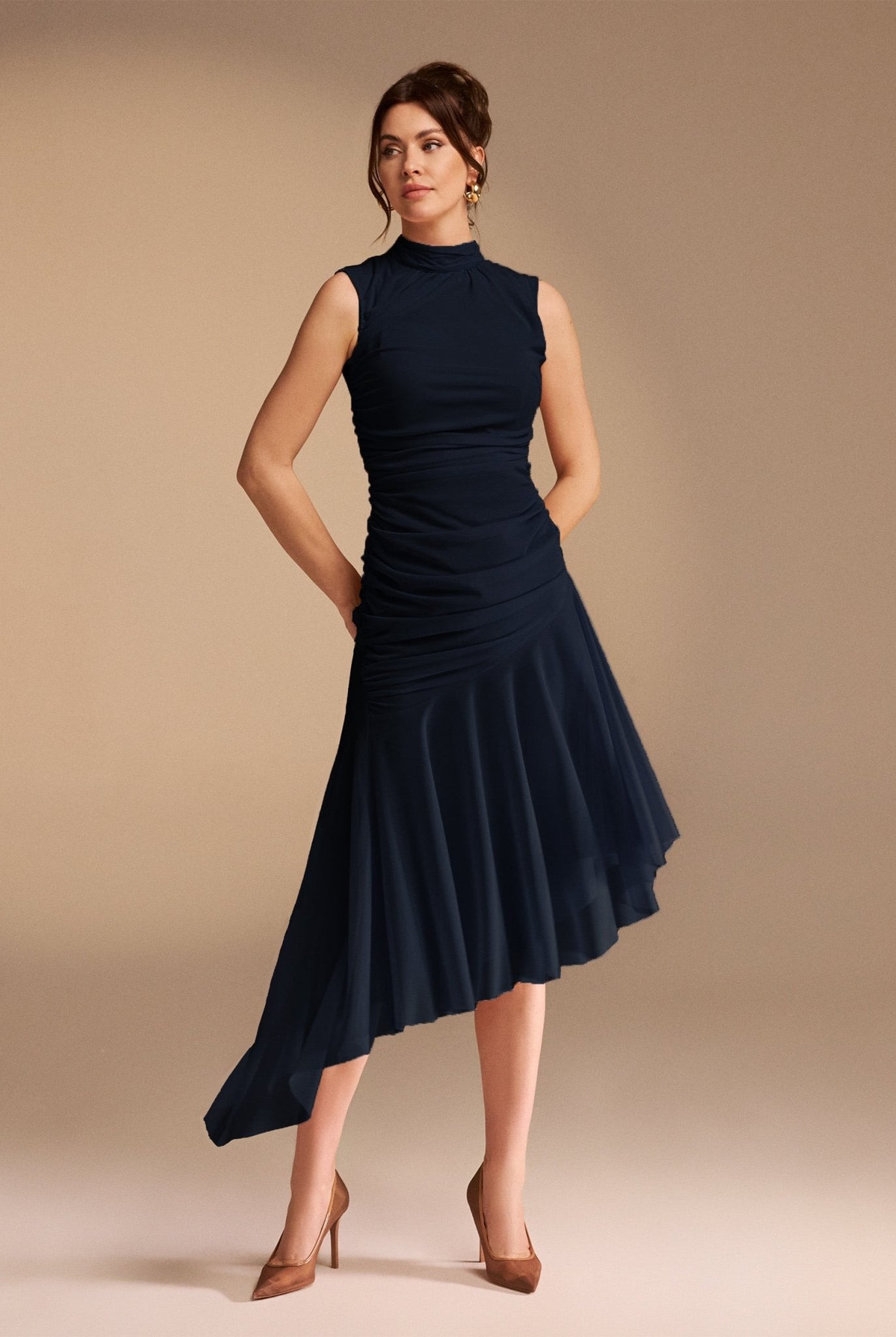 Sleeveless Ruched Ruffles Midi Dress - shopaleena