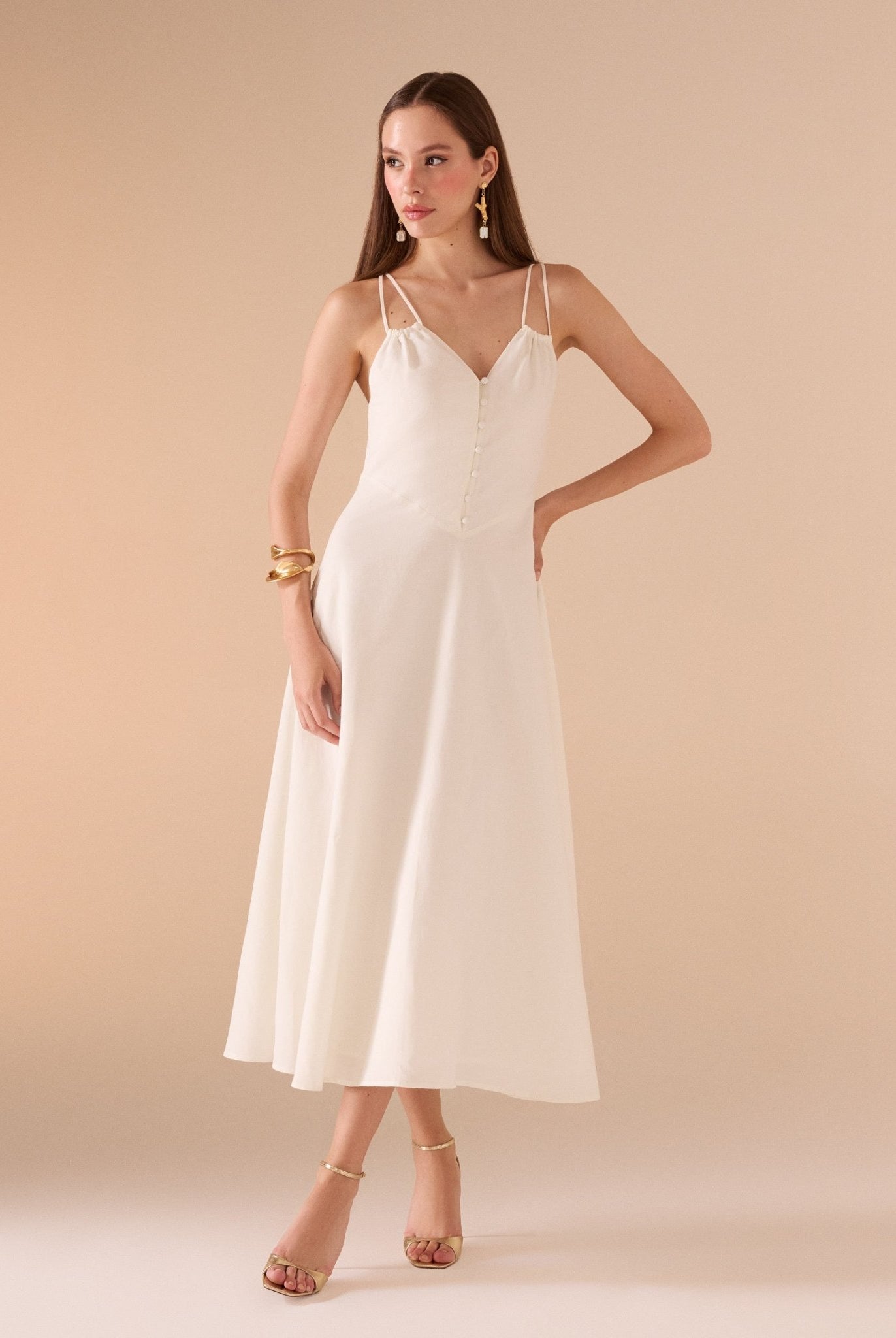 Sleeveless V - neck Fitted Waist Cotton Blended Midi Dress - shopaleena