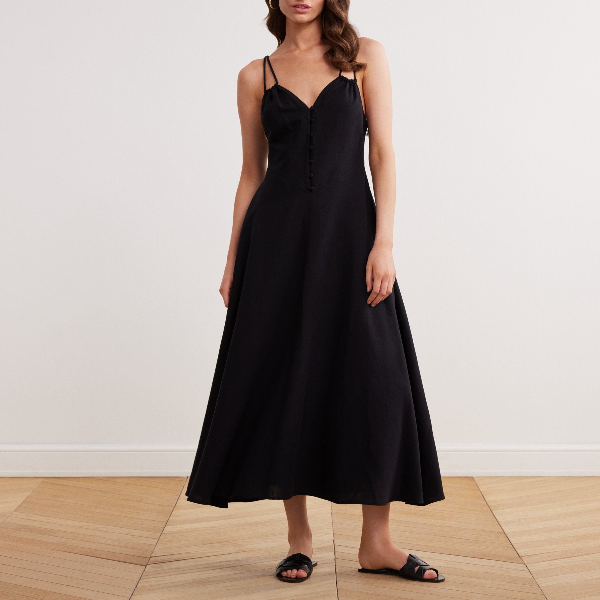 Sleeveless V-neck Fitted Waist Cotton Blended Midi Dress - shopaleena
