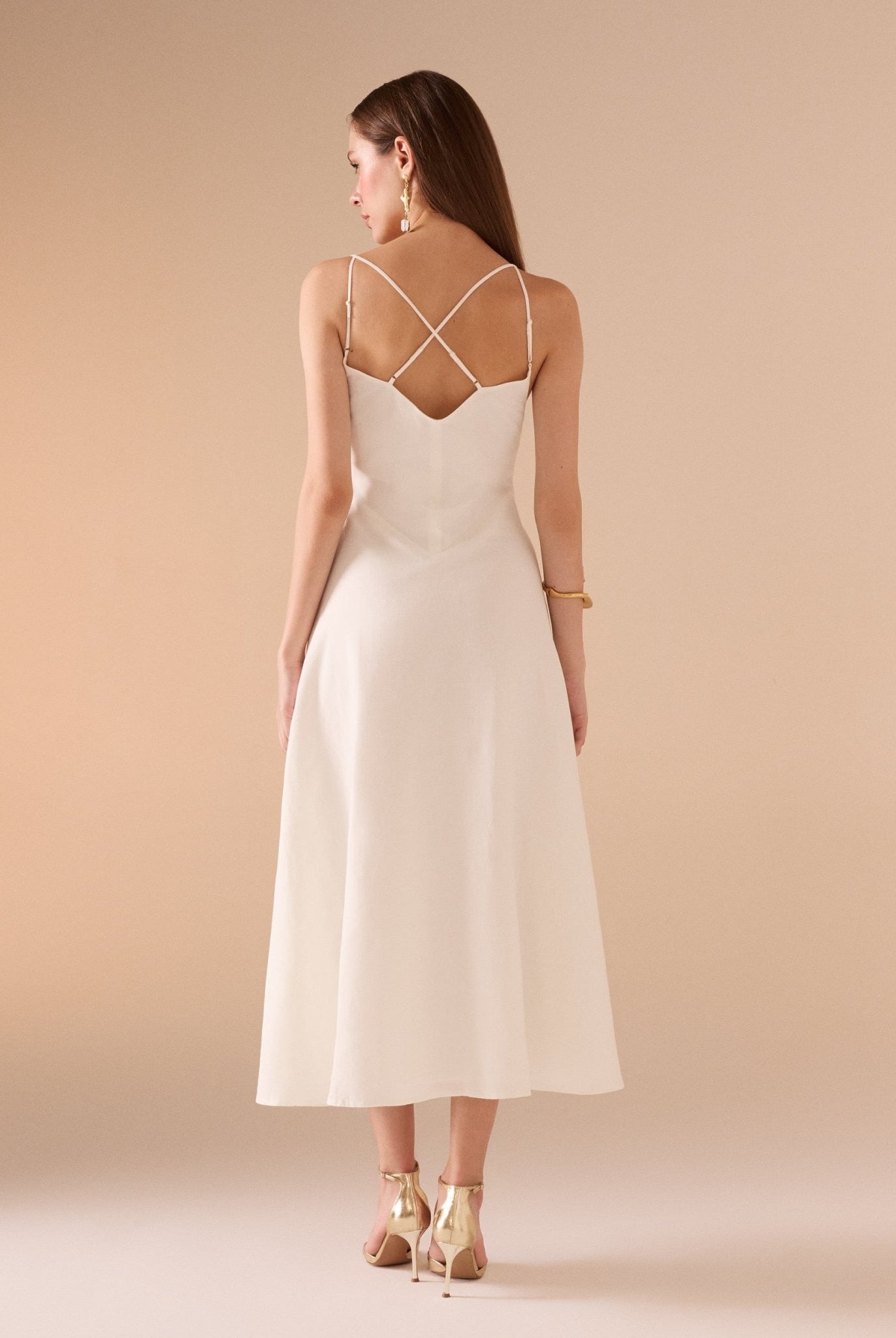 Sleeveless V - neck Fitted Waist Cotton Blended Midi Dress - shopaleena