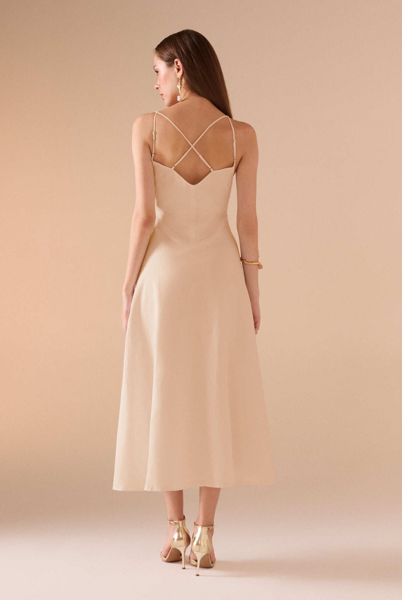 Sleeveless V - neck Fitted Waist Cotton Blended Midi Dress - shopaleena