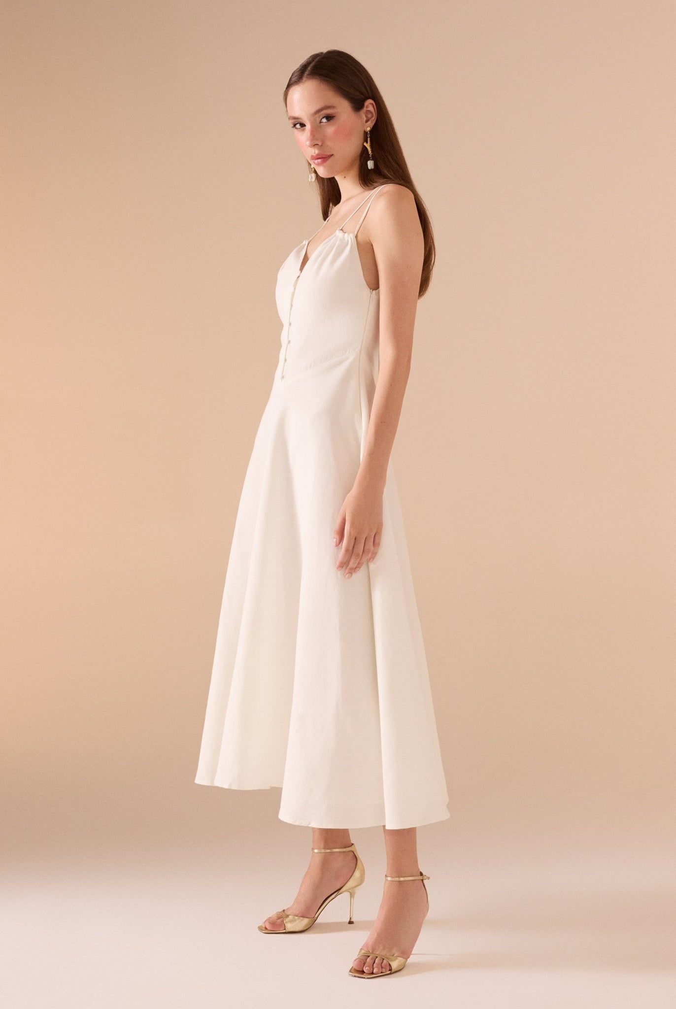 Sleeveless V - neck Fitted Waist Cotton Blended Midi Dress - shopaleena