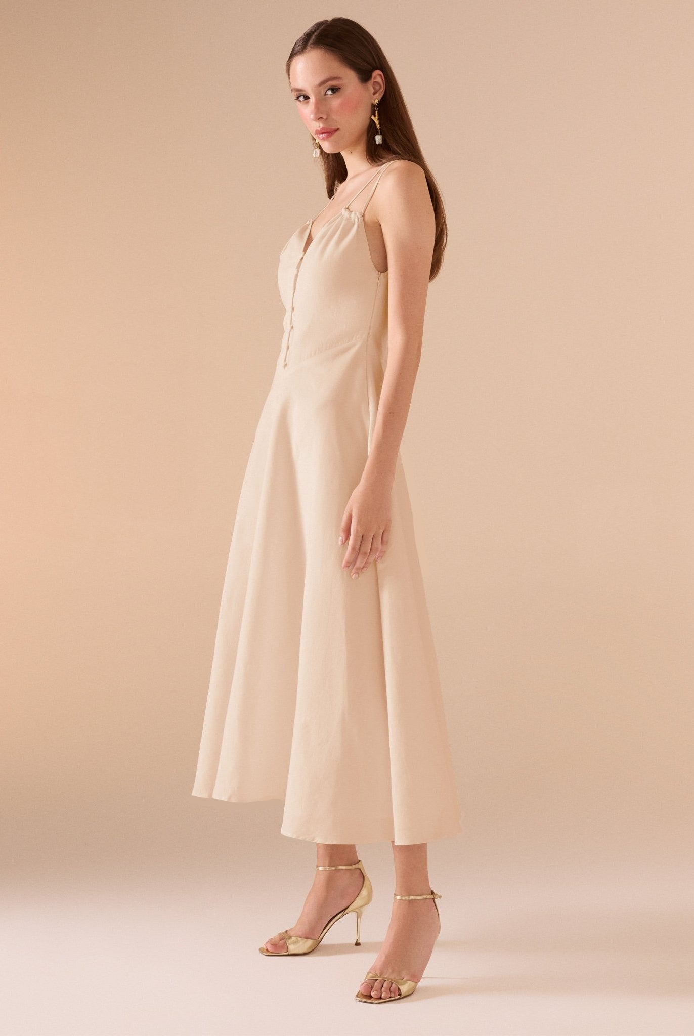 Sleeveless V - neck Fitted Waist Cotton Blended Midi Dress - shopaleena