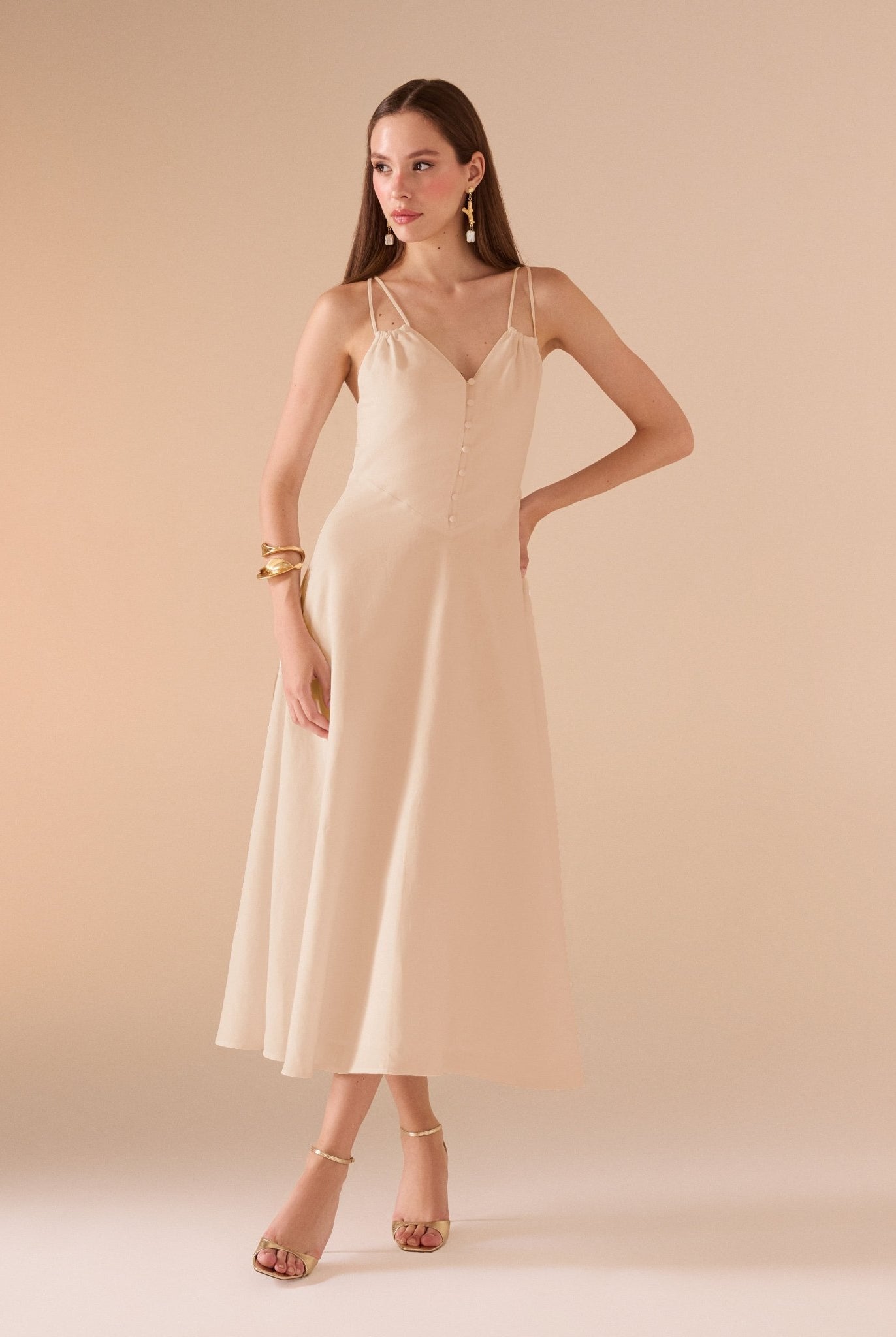 Sleeveless V - neck Fitted Waist Cotton Blended Midi Dress - shopaleena