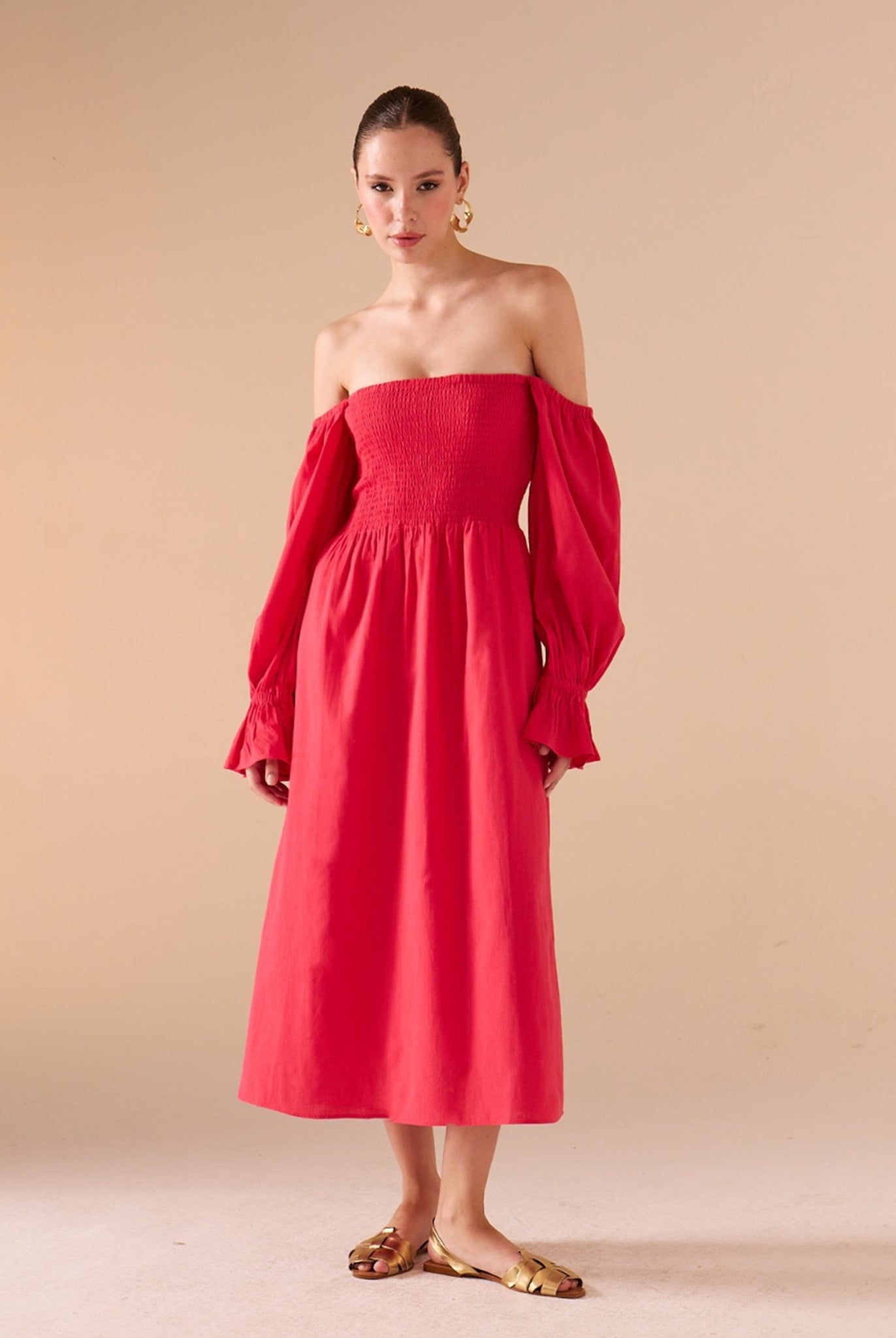 Smocked - Bodice Poet - Sleeve Midi Dress in Linen Cotton Blend - shopaleena