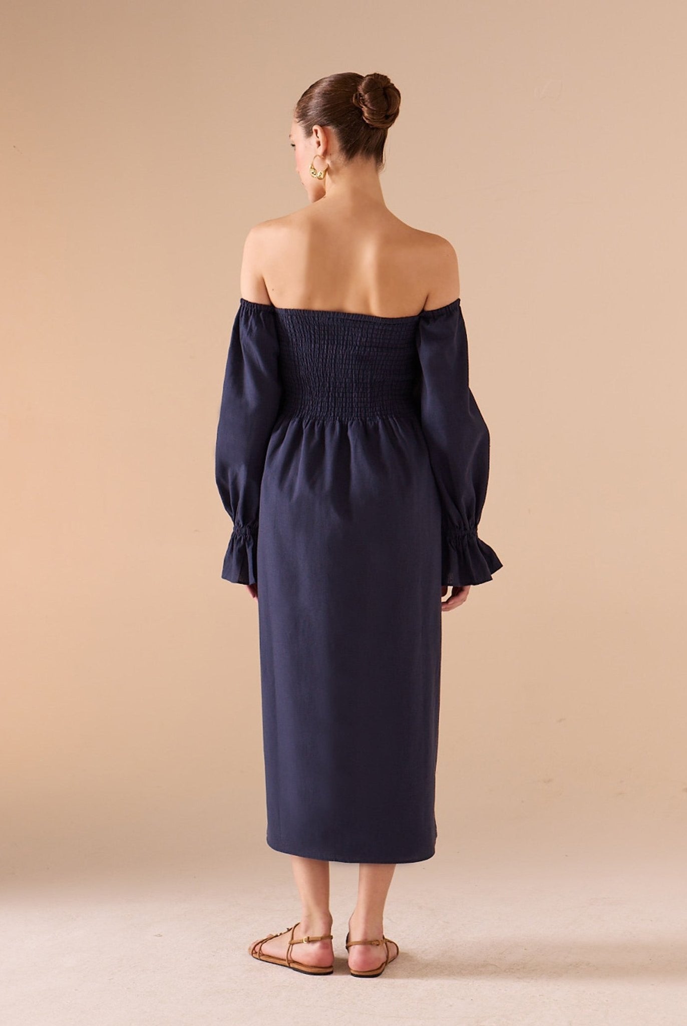 Smocked - Bodice Poet - Sleeve Midi Dress in Linen Cotton Blend - shopaleena